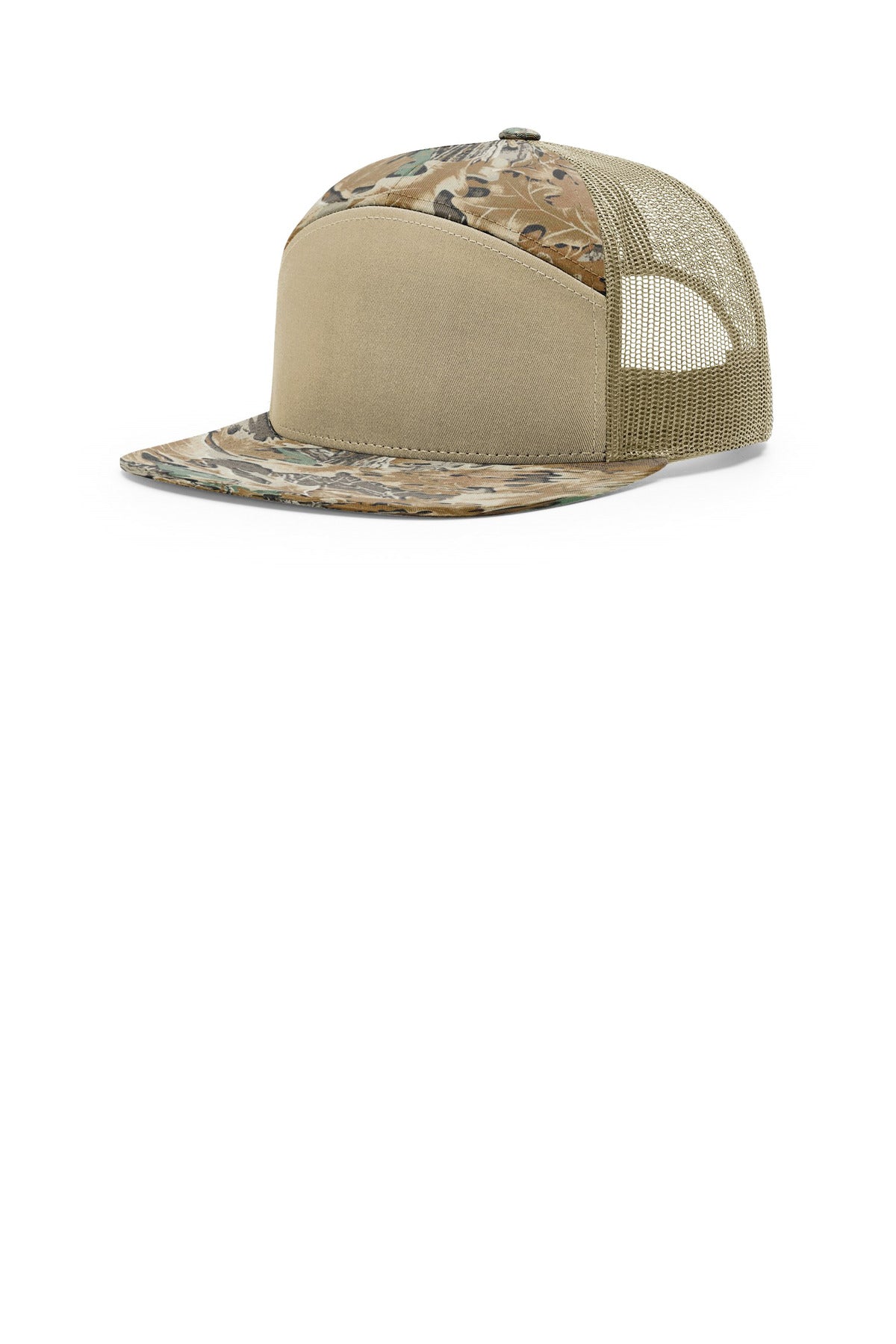 Custom Realtree Advantage/ Khaki Printed 7-Panel Trucker 168P, personalized by SanCanDo Swag in Argyle, TX