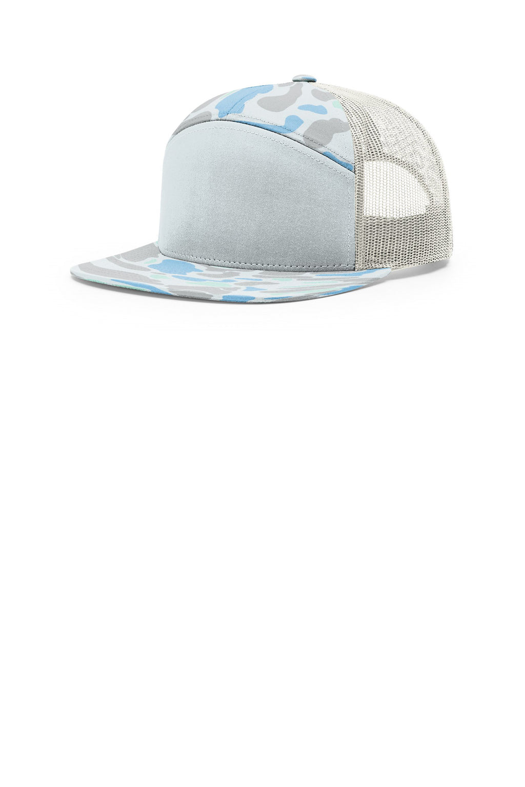 Custom Saltwater Duck Camo/ Ice Grey Printed 7-Panel Trucker 168P, personalized by SanCanDo Swag in Argyle, TX