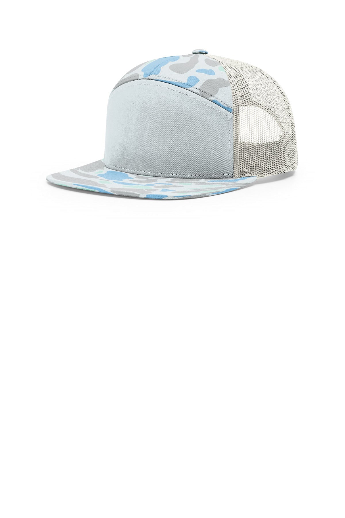 Custom Saltwater Duck Camo/ Ice Grey Printed 7-Panel Trucker 168P, personalized by SanCanDo Swag in Argyle, TX