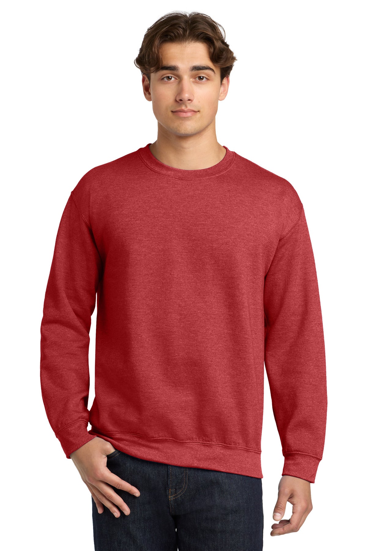 Custom Heather Scarlet Red Heavy Blend Crewneck 18000, personalized by SanCanDo Swag in Argyle, TX