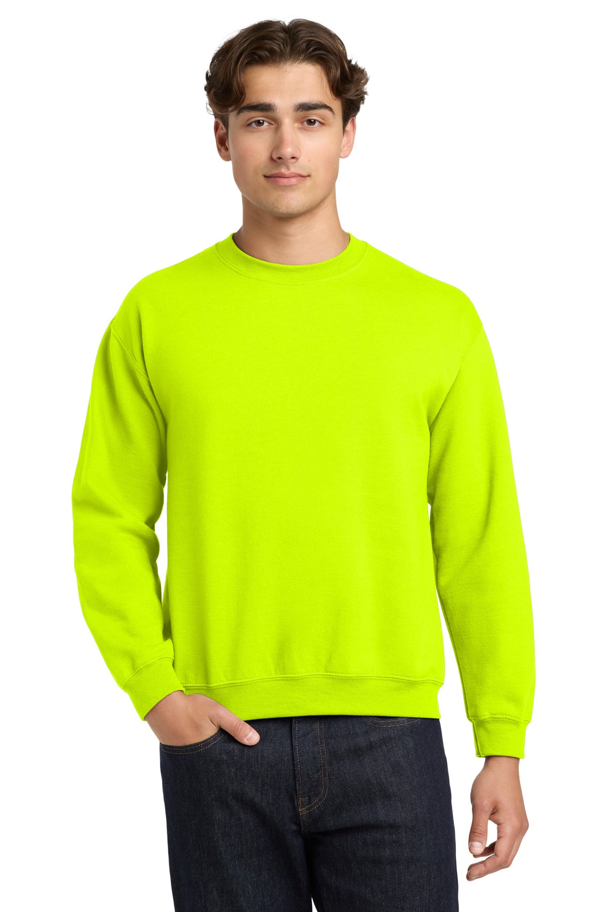 Custom Safety Green Heavy Blend Crewneck 18000, personalized by SanCanDo Swag in Argyle, TX