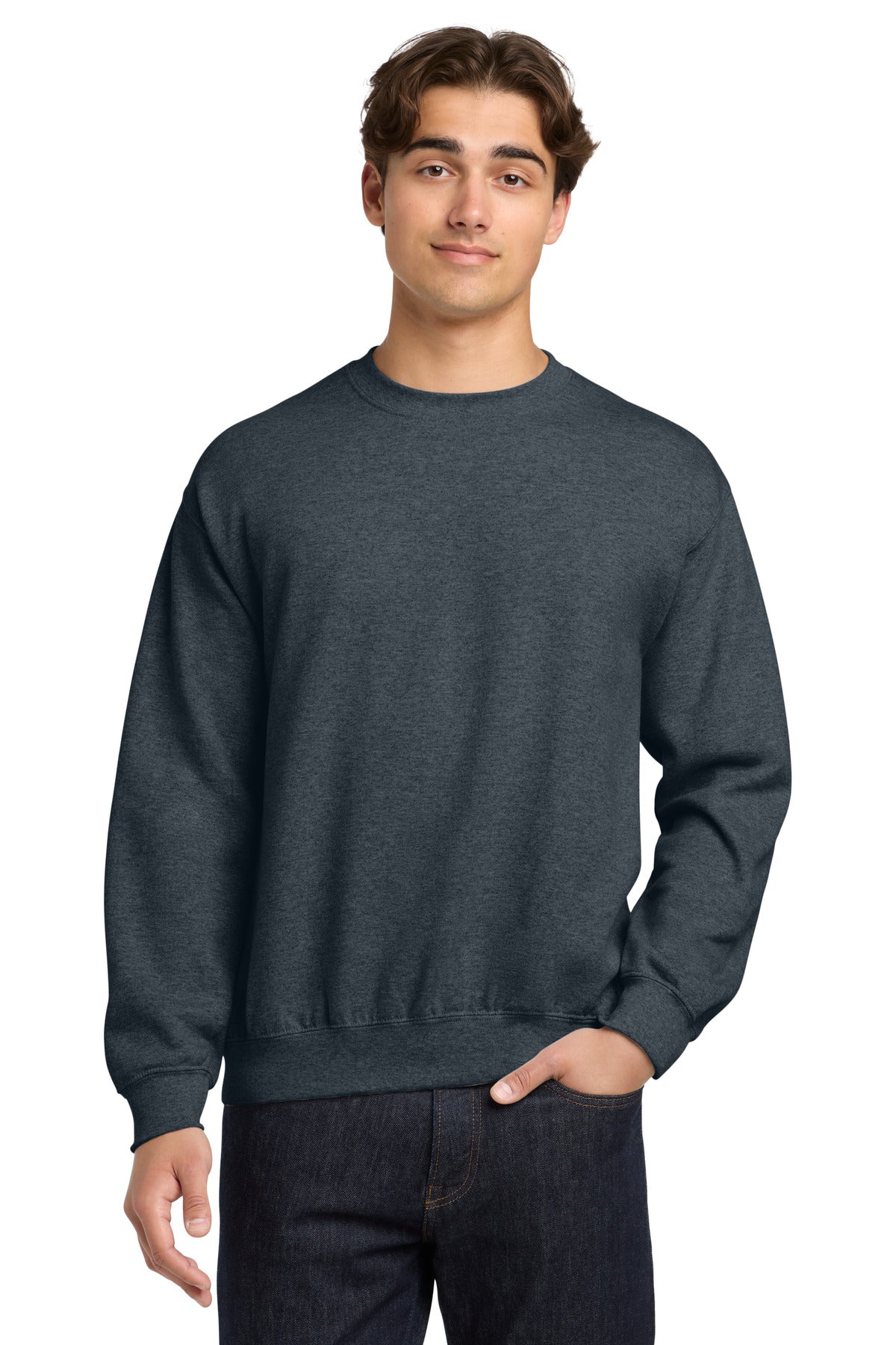 Custom Dark Heather Heavy Blend Crewneck 18000, personalized by SanCanDo Swag in Argyle, TX