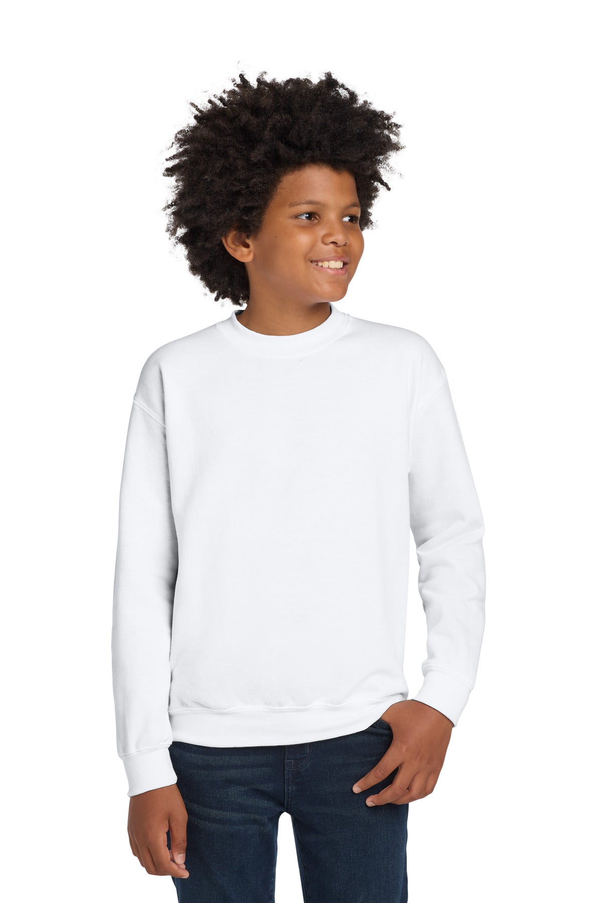 Custom White Youth Heavy Blend Crewneck 18000B, personalized by SanCanDo Swag in Argyle, TX