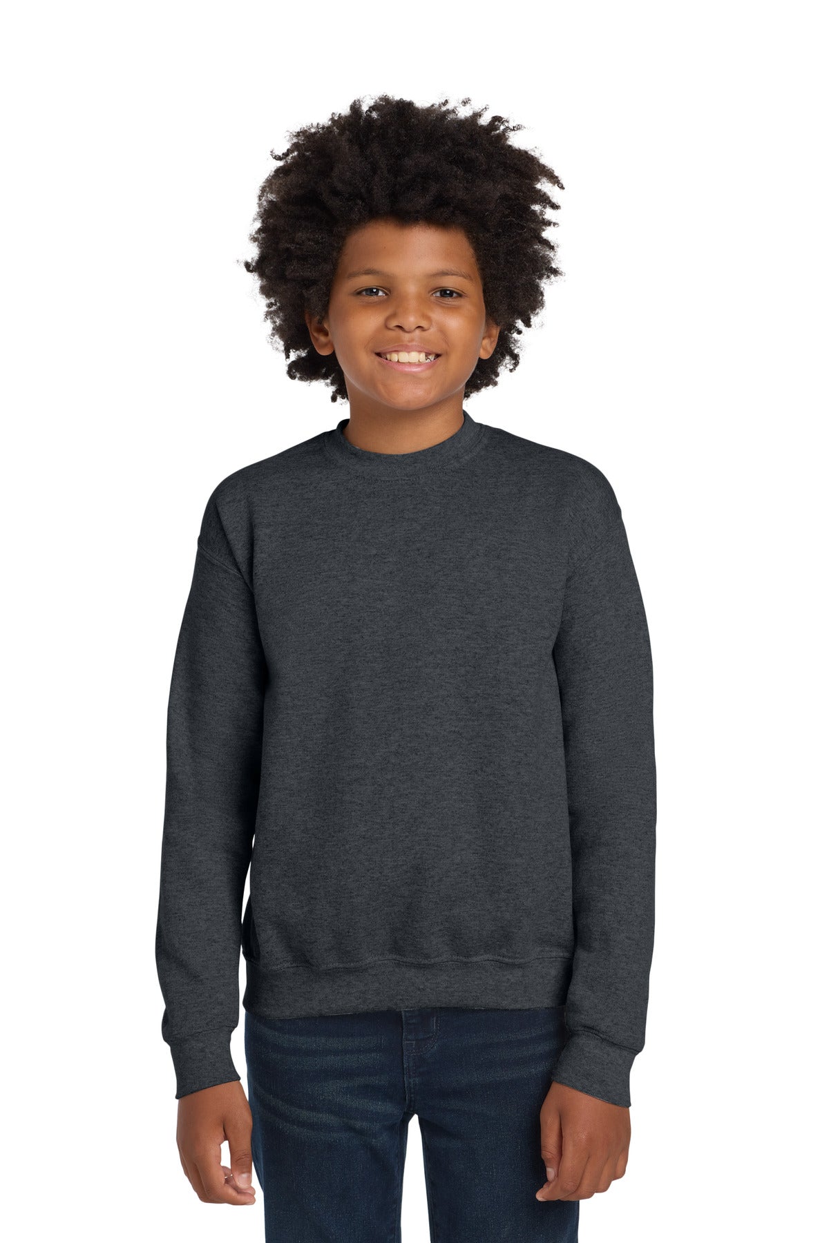 Custom Dark Heather Youth Heavy Blend Crewneck 18000B, personalized by SanCanDo Swag in Argyle, TX