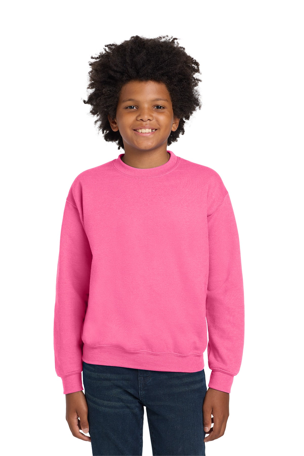 Custom Safety Pink Youth Heavy Blend Crewneck 18000B, personalized by SanCanDo Swag in Argyle, TX