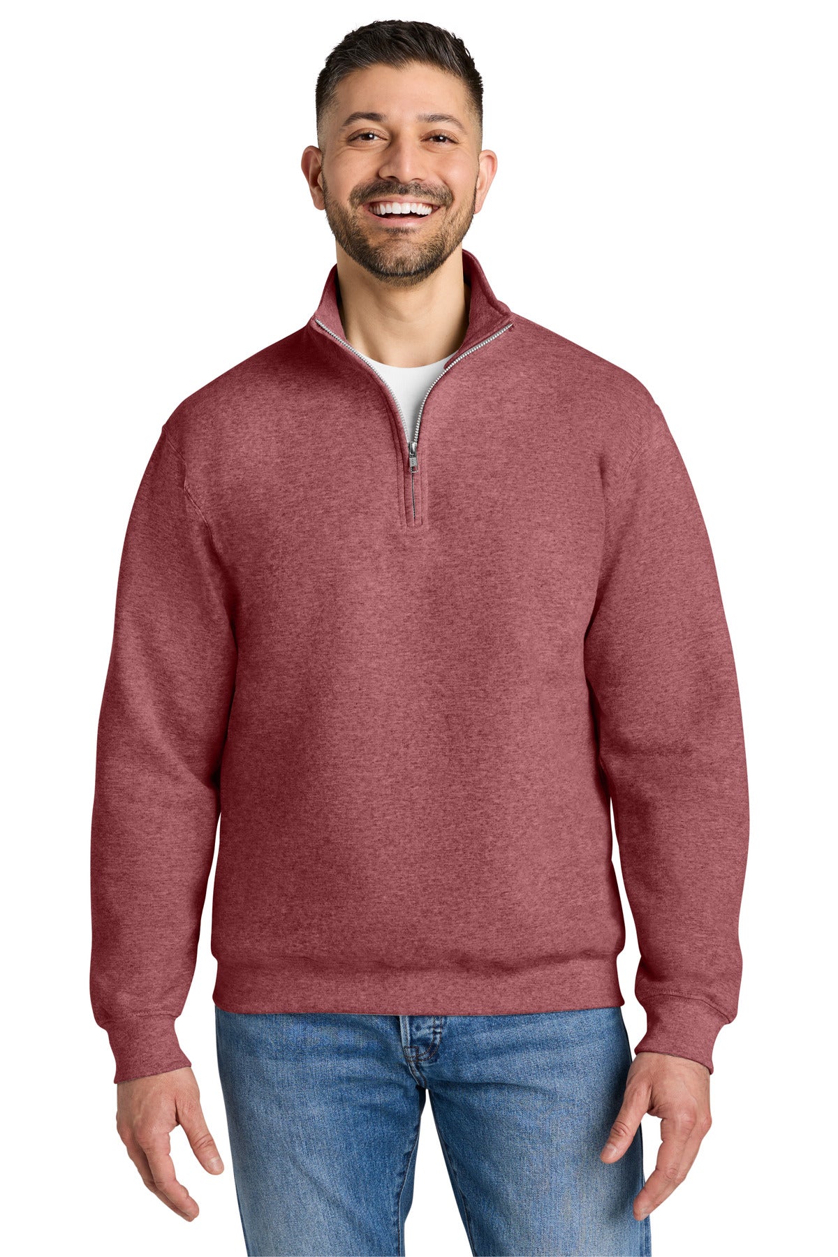 Custom Heather Scarlet Red Heavy Blend 1/4-Zip Sweatshirt 18810, personalized by SanCanDo Swag in Argyle, TX