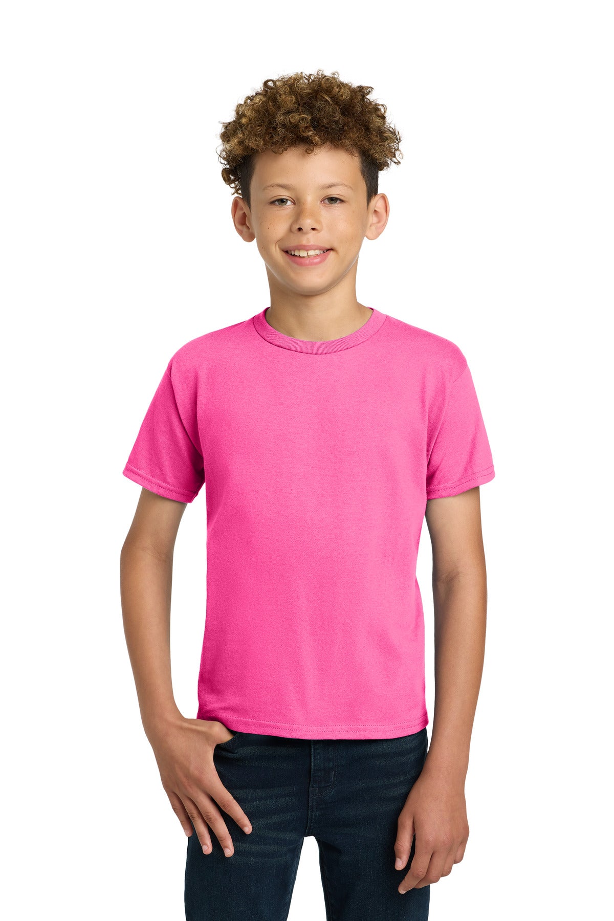 Custom Safety Pink Youth Ultra Cotton100% US Cotton Tee 2000B, personalized by SanCanDo Swag in Argyle, TX