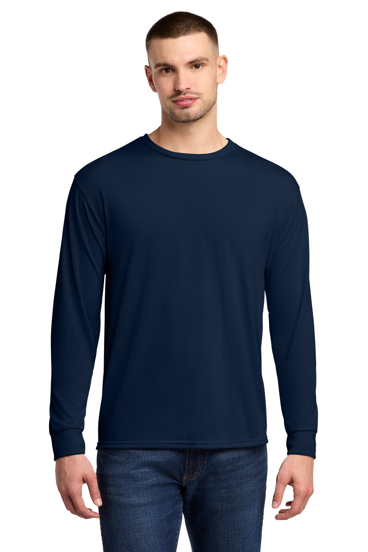 Custom J. Navy Dri-Power 100% Polyester Long Sleeve Tee 21LS, personalized by SanCanDo Swag in Argyle, TX