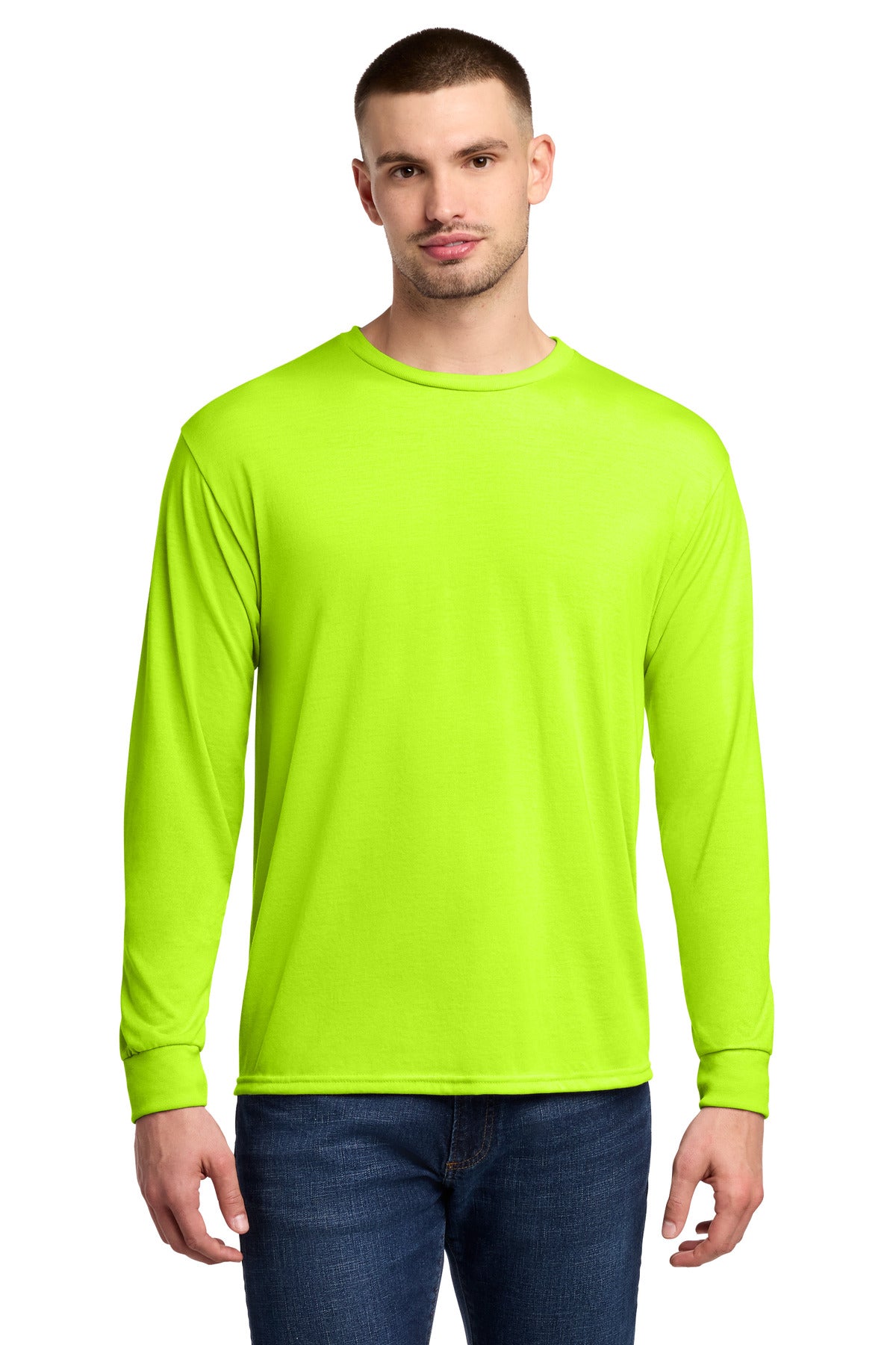 Custom Safety Green Dri-Power 100% Polyester Long Sleeve Tee 21LS, personalized by SanCanDo Swag in Argyle, TX