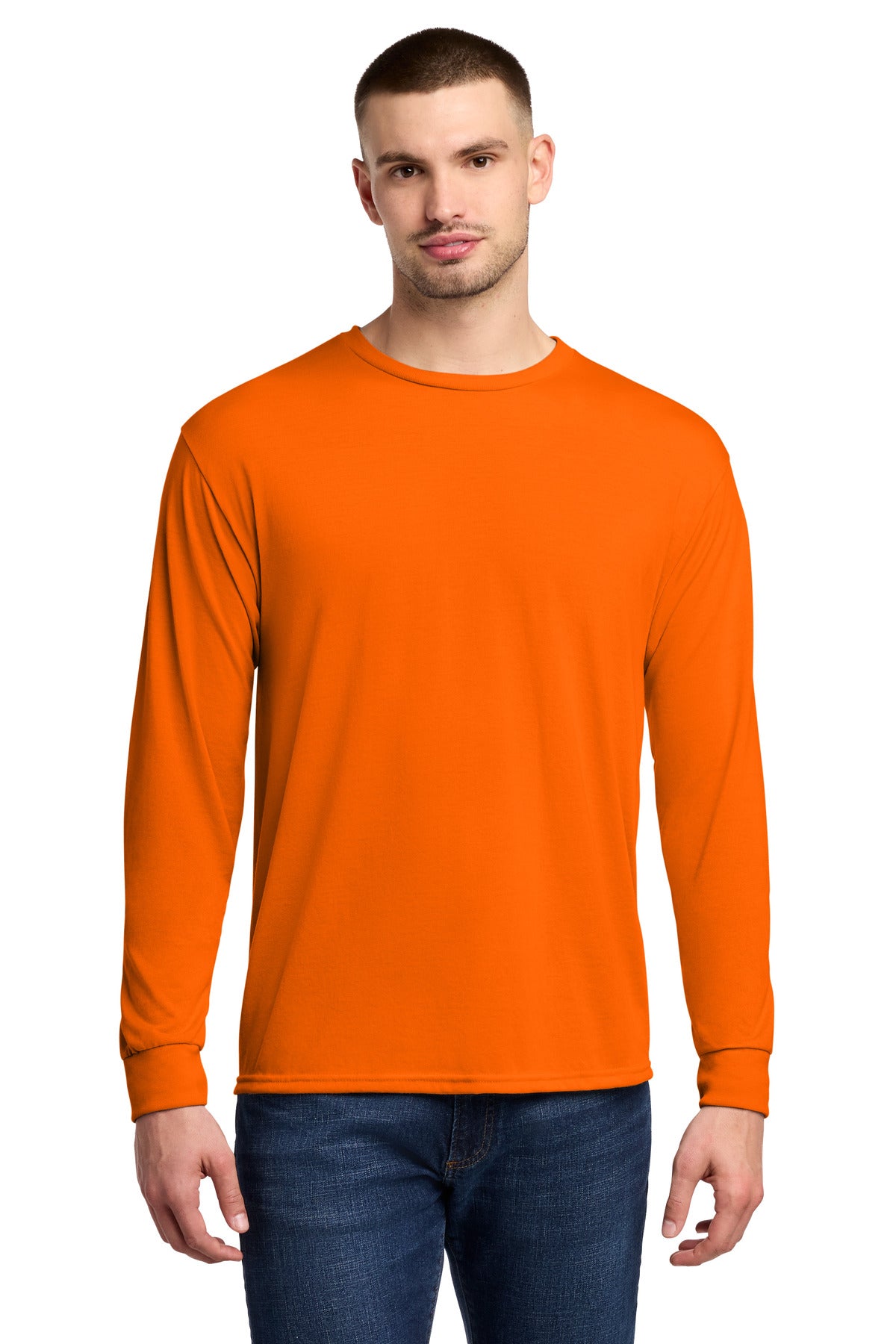 Custom Safety Orange Dri-Power 100% Polyester Long Sleeve Tee 21LS, personalized by SanCanDo Swag in Argyle, TX