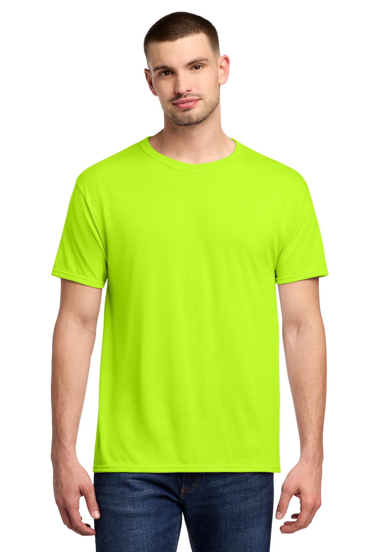 Custom Safety Green Dri-Power 100% Polyester Tee 21M, personalized by SanCanDo Swag in Argyle, TX