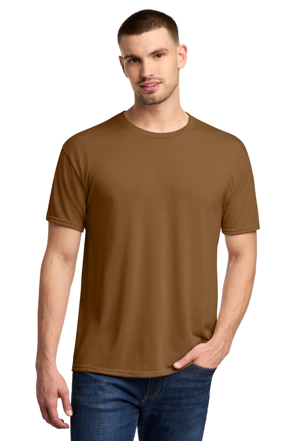 Custom Golden Pecan Dri-Power 100% Polyester Tee 21M, personalized by SanCanDo Swag in Argyle, TX