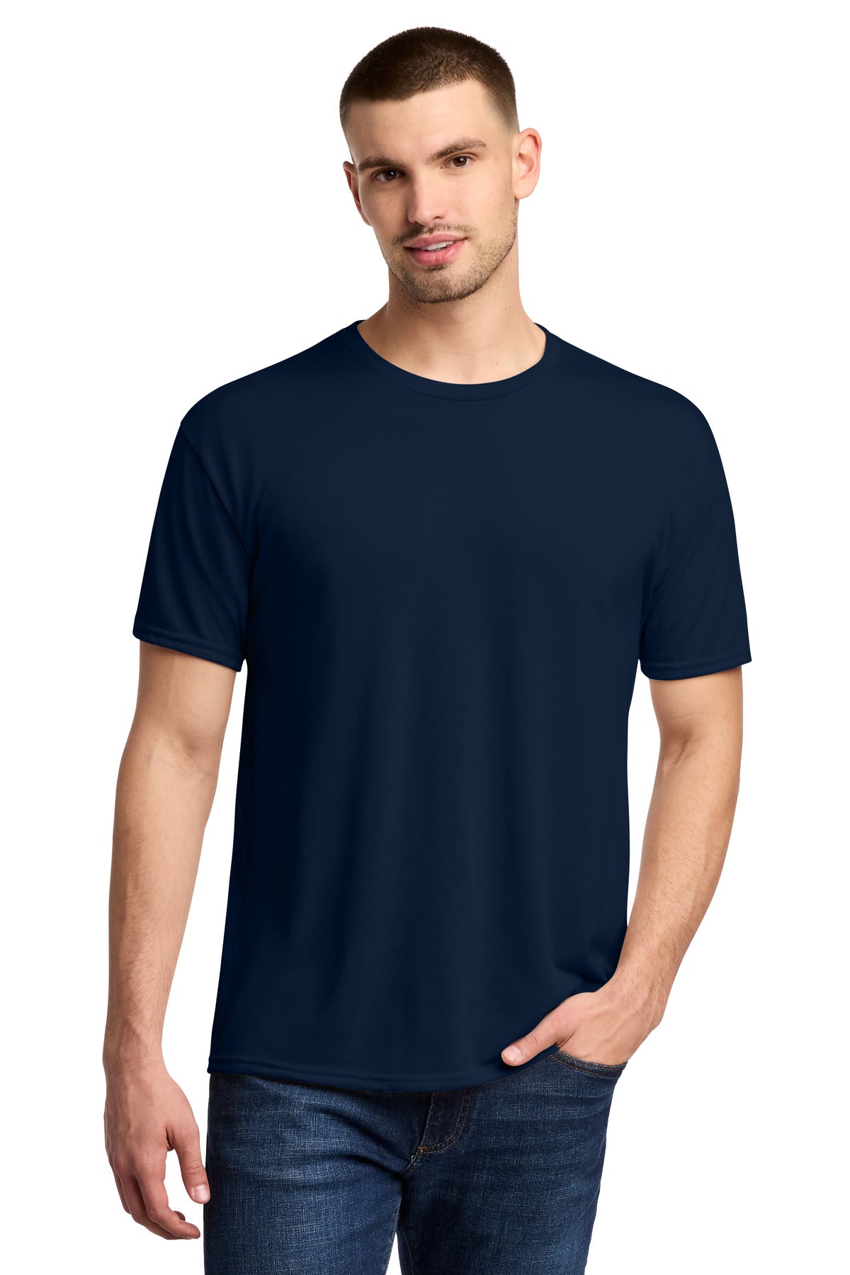 Custom J. Navy Dri-Power 100% Polyester Tee 21M, personalized by SanCanDo Swag in Argyle, TX