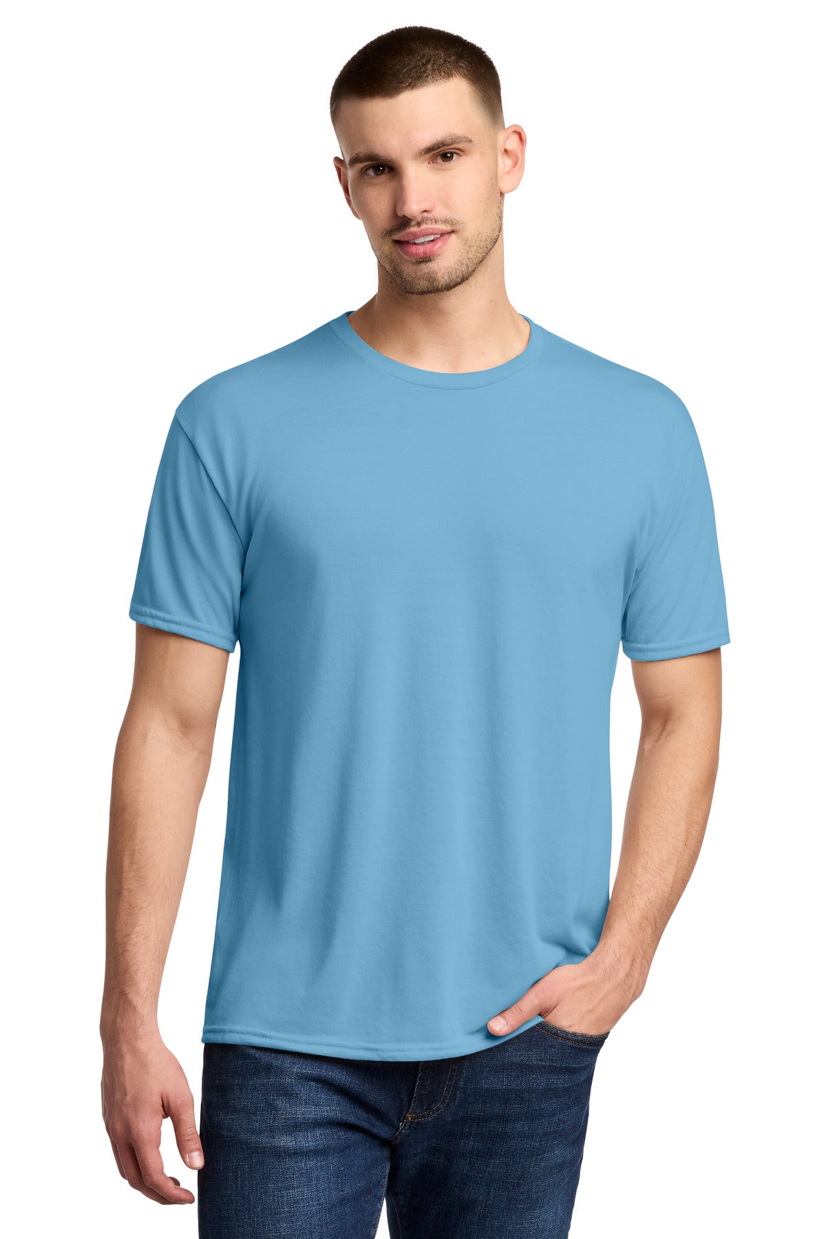 Custom Light Blue Dri-Power 100% Polyester Tee 21M, personalized by SanCanDo Swag in Argyle, TX
