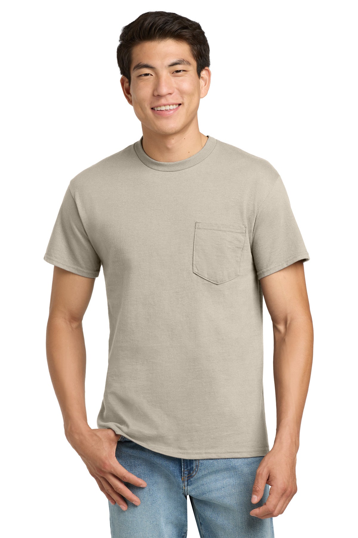 Custom Sand Ultra Cotton Cotton Tee with Pocket 2300, personalized by SanCanDo Swag in Argyle, TX