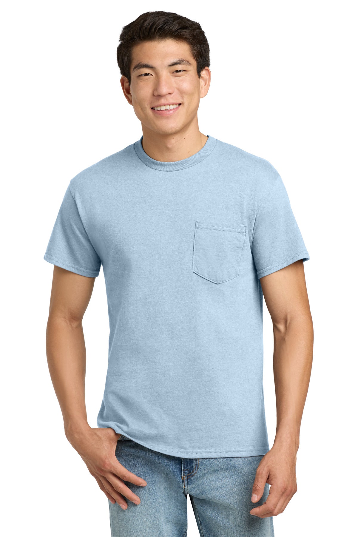 Custom Light Blue Ultra Cotton Cotton Tee with Pocket 2300, personalized by SanCanDo Swag in Argyle, TX