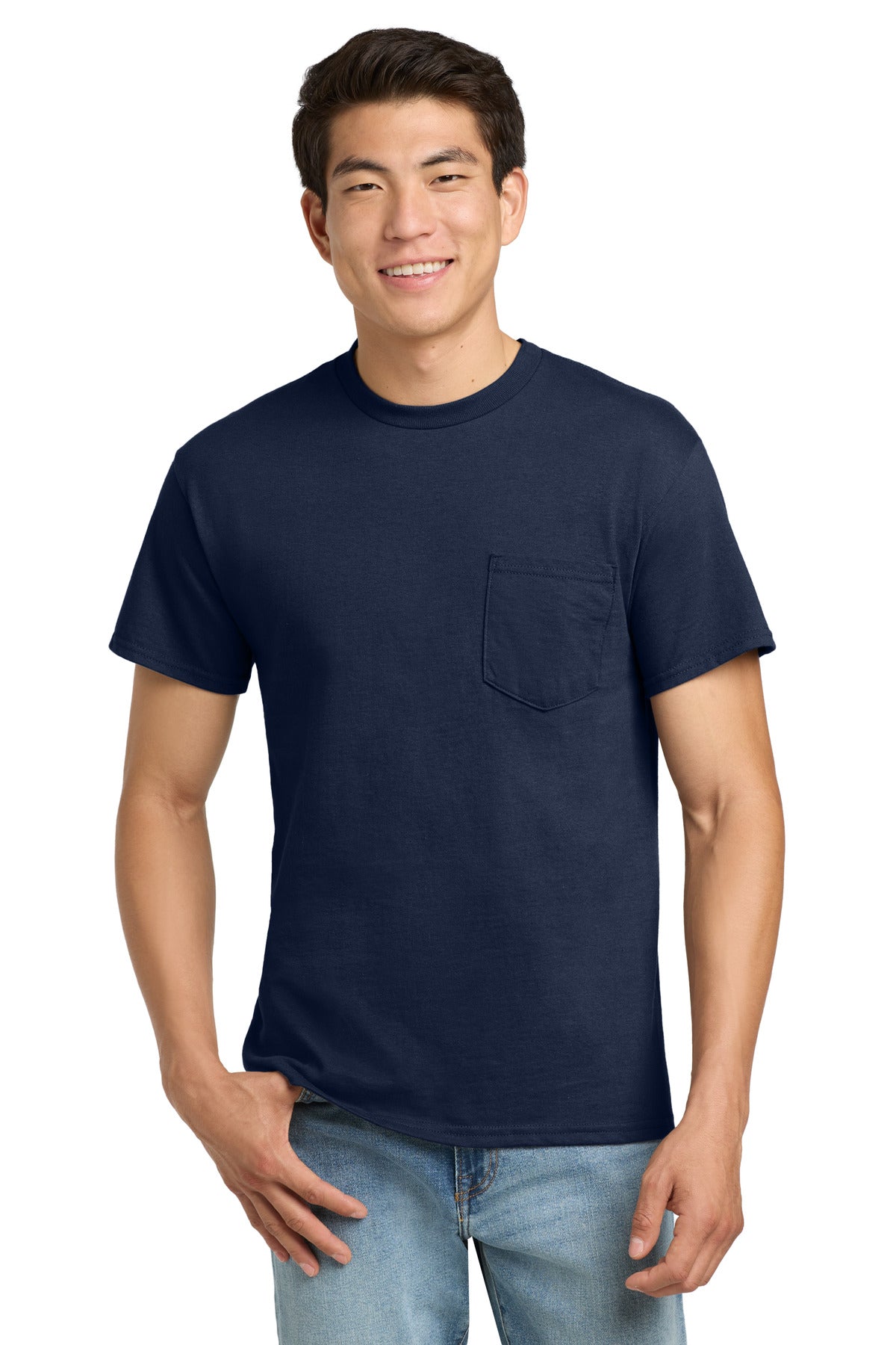 Custom Navy Ultra Cotton Cotton Tee with Pocket 2300, personalized by SanCanDo Swag in Argyle, TX