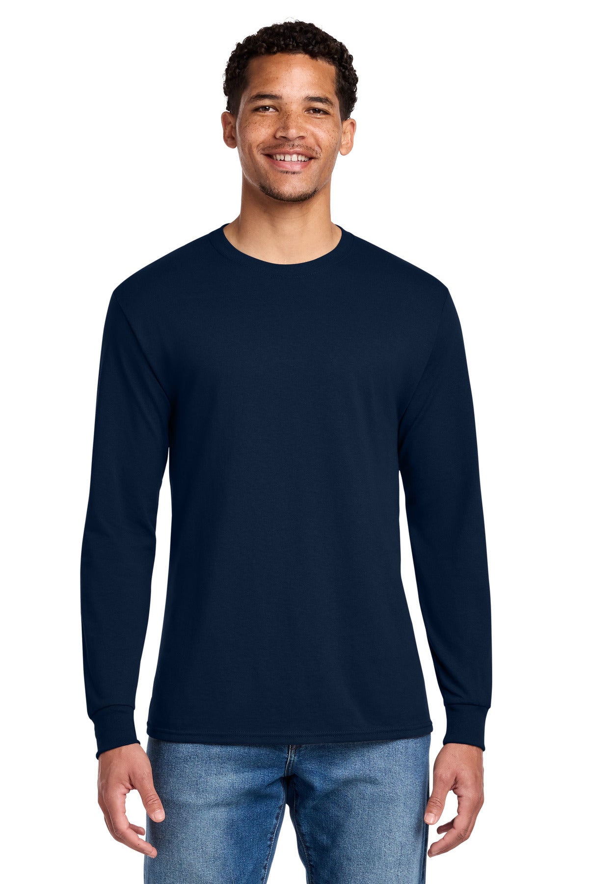 Custom J. Navy Cotton/Poly Long Sleeve Tee 29LS, personalized by SanCanDo Swag in Argyle, TX