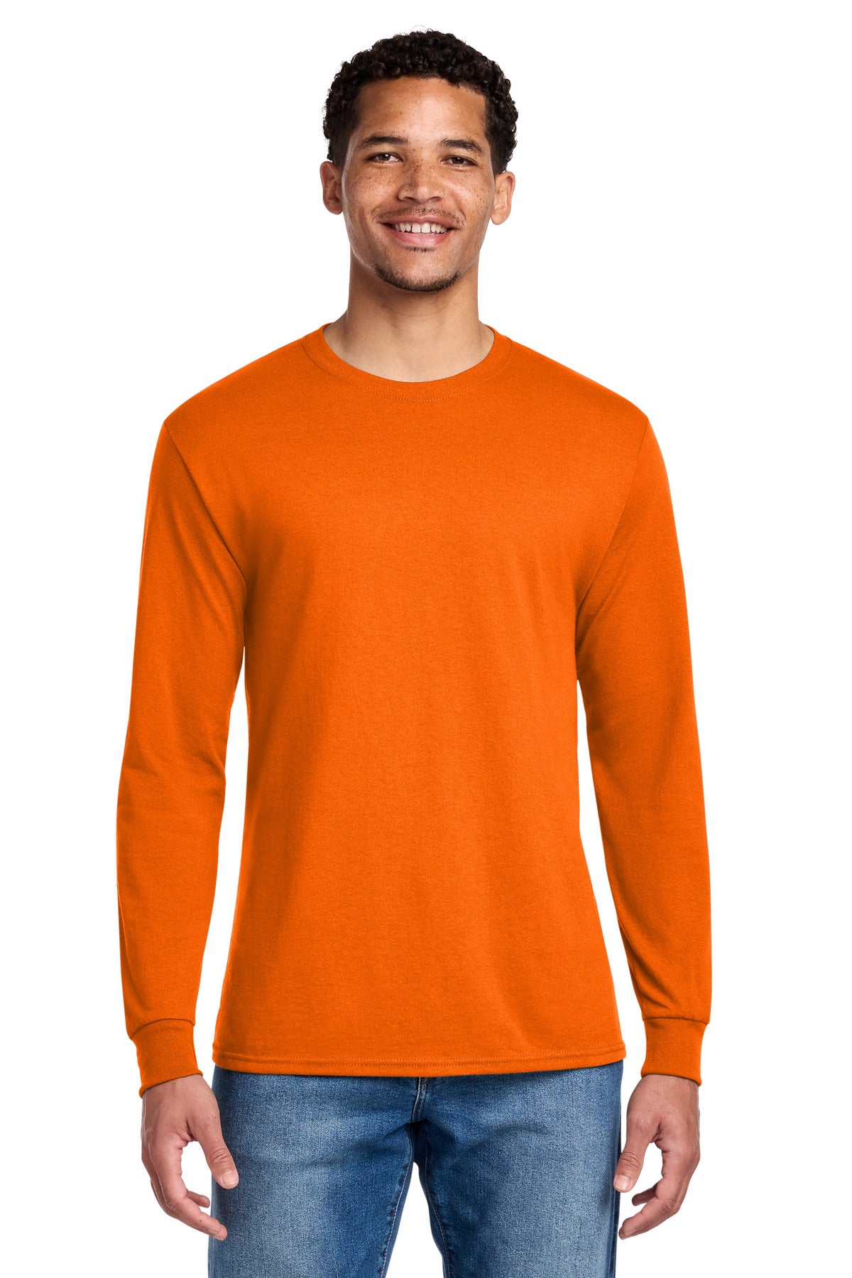 Custom Safety Orange Cotton/Poly Long Sleeve Tee 29LS, personalized by SanCanDo Swag in Argyle, TX