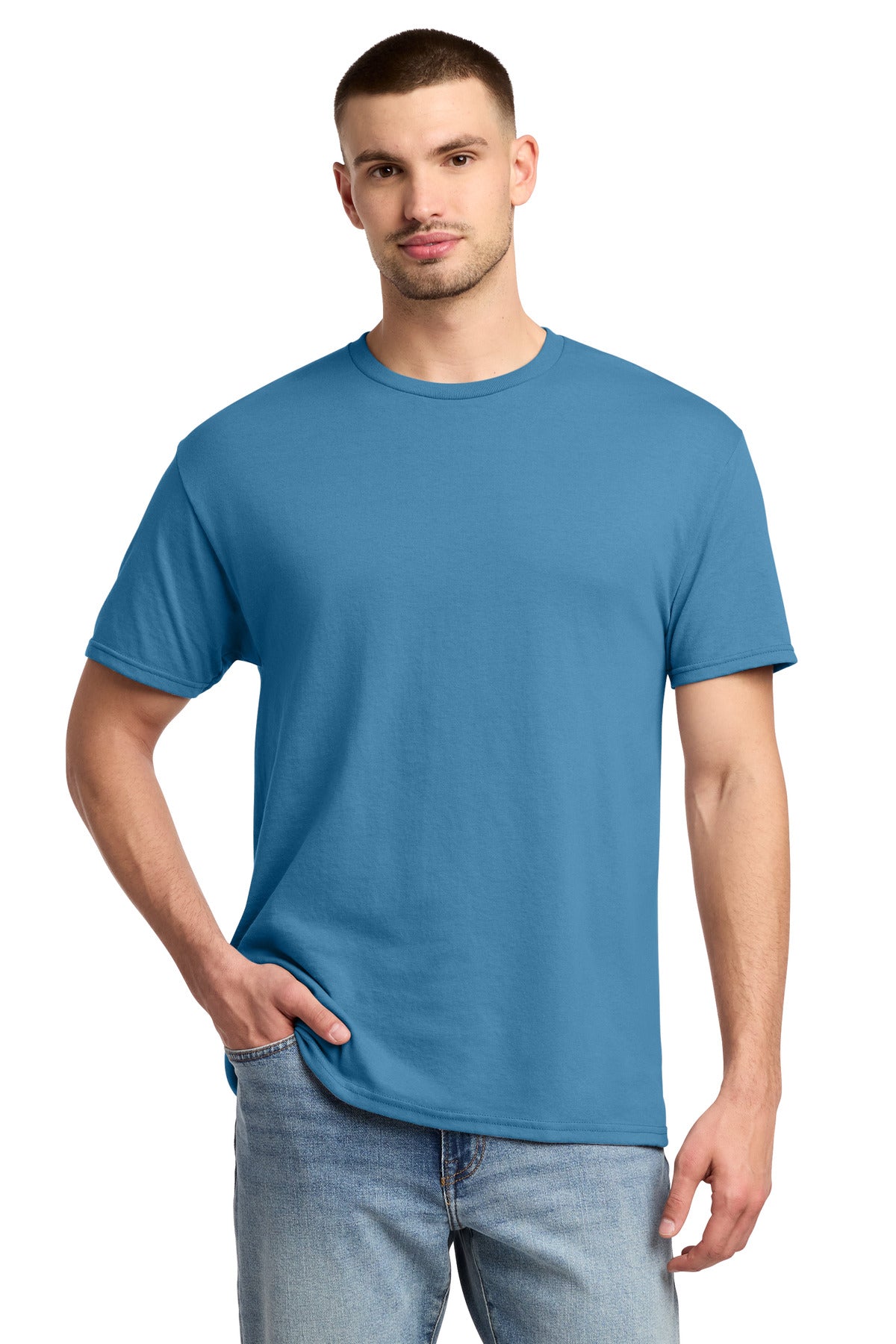 Custom Columbia Blue Dri-Power 50/50 Cotton/Poly Tee 29M, personalized by SanCanDo Swag in Argyle, TX