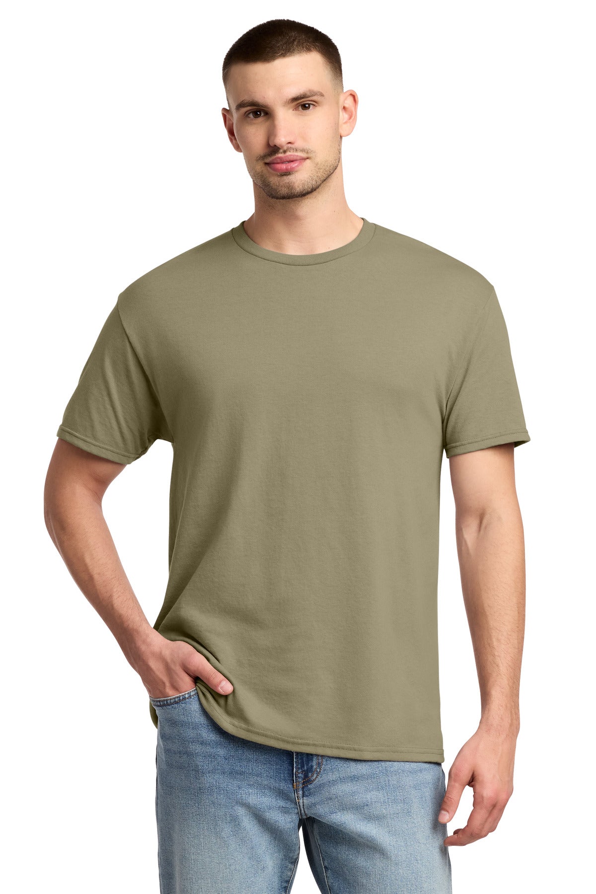 Custom Khaki Dri-Power 50/50 Cotton/Poly Tee 29M, personalized by SanCanDo Swag in Argyle, TX