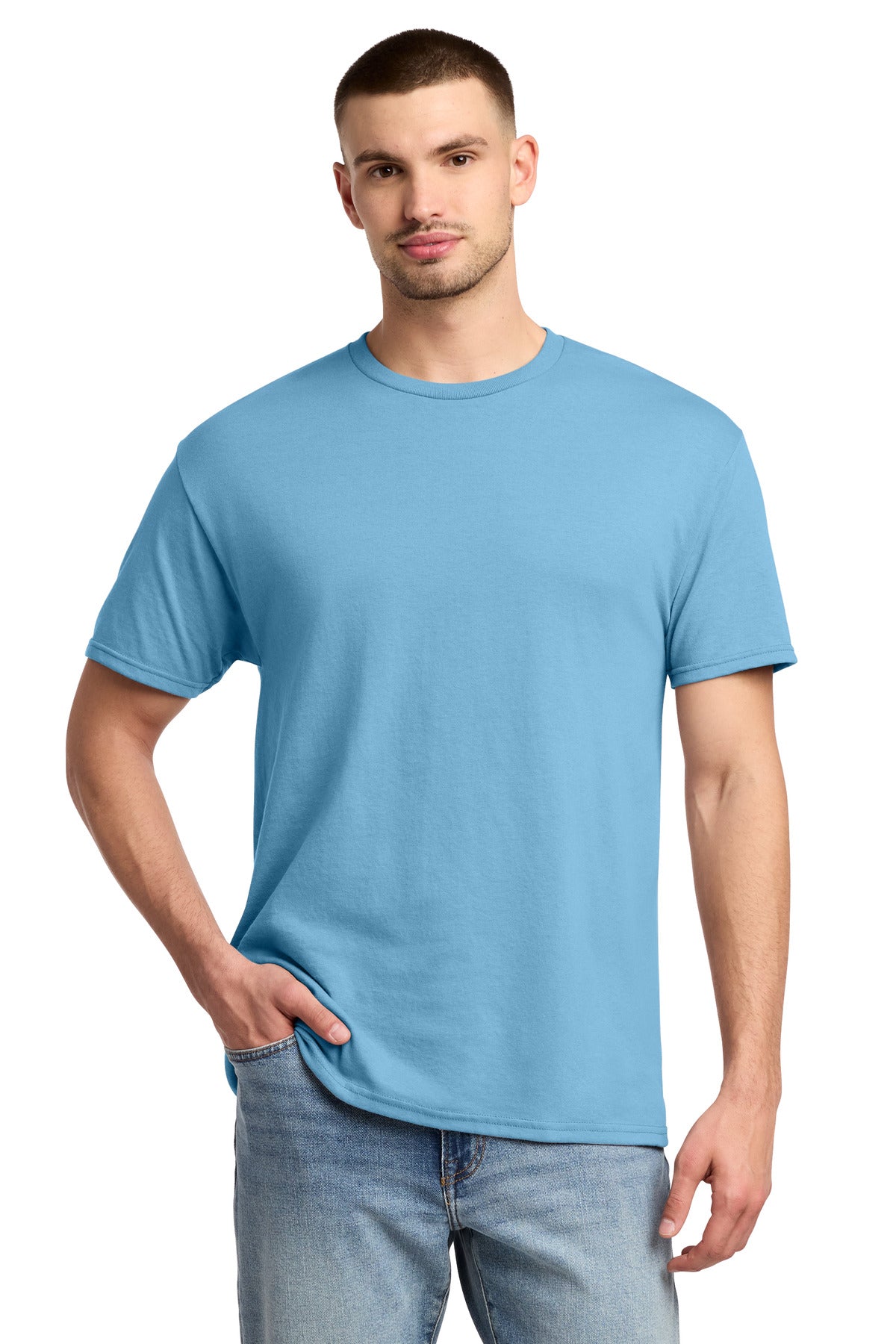 Custom Light Blue Dri-Power 50/50 Cotton/Poly Tee 29M, personalized by SanCanDo Swag in Argyle, TX