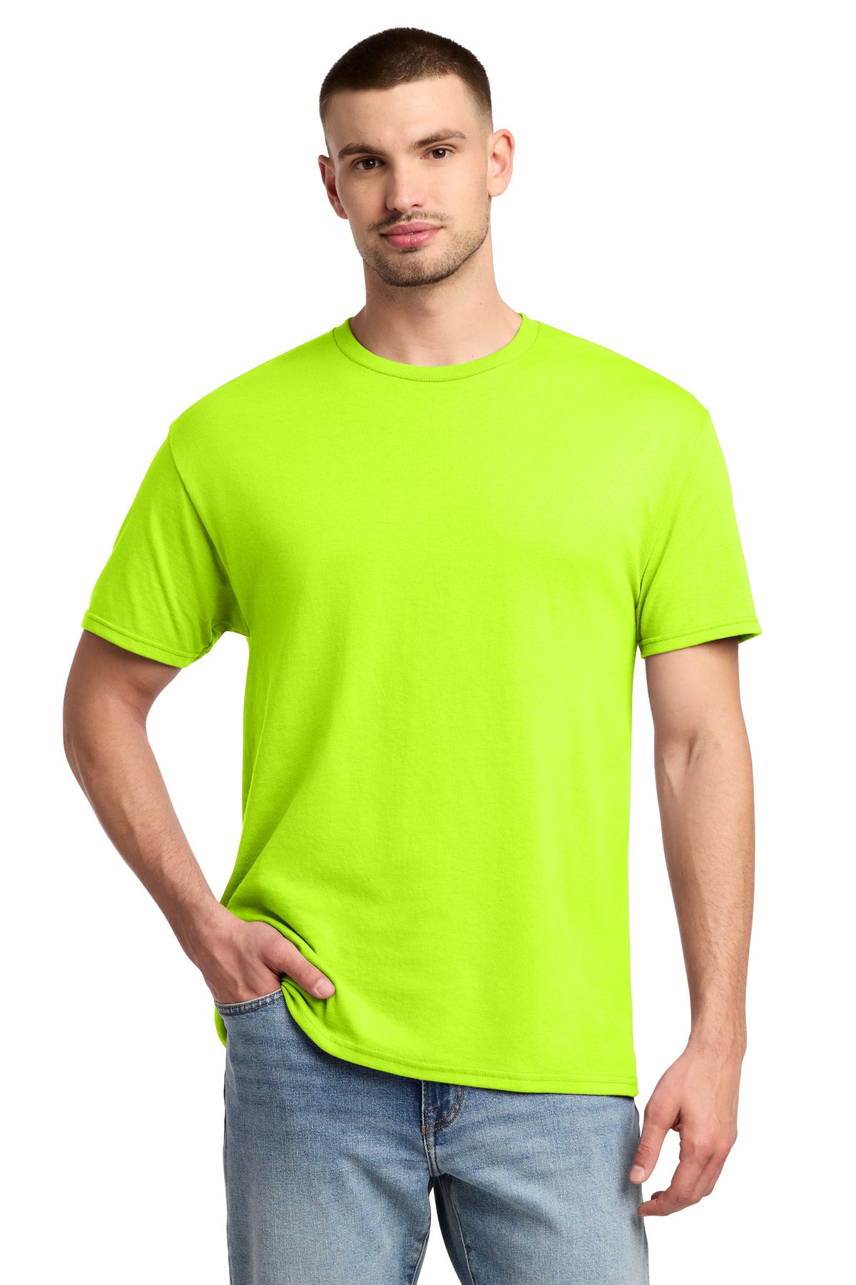 Custom Safety Green Dri-Power 50/50 Cotton/Poly Tee 29M, personalized by SanCanDo Swag in Argyle, TX