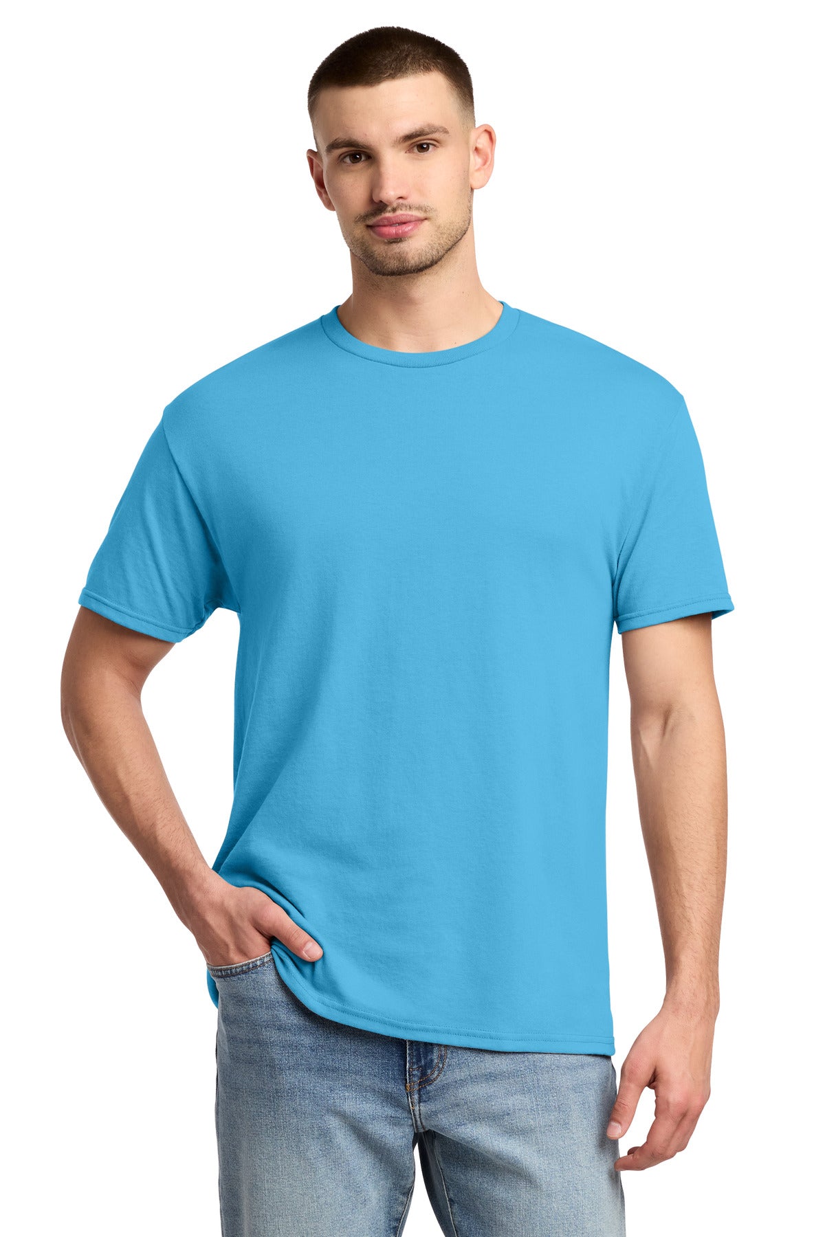 Custom Aquatic Blue Dri-Power 50/50 Cotton/Poly Tee 29M, personalized by SanCanDo Swag in Argyle, TX