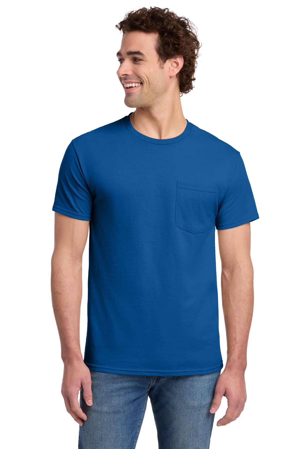 Custom Royal Dri-Power 50/50 Cotton/Poly Pocket Tee 29MP, personalized by SanCanDo Swag in Argyle, TX