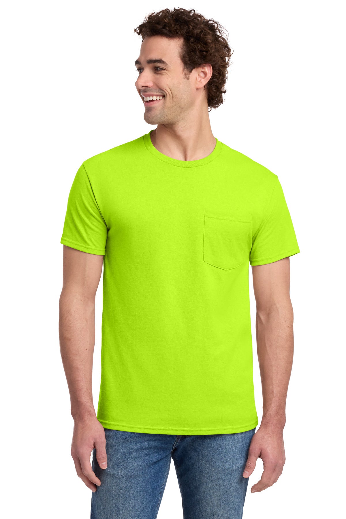 Custom Safety Green Dri-Power 50/50 Cotton/Poly Pocket Tee 29MP, personalized by SanCanDo Swag in Argyle, TX