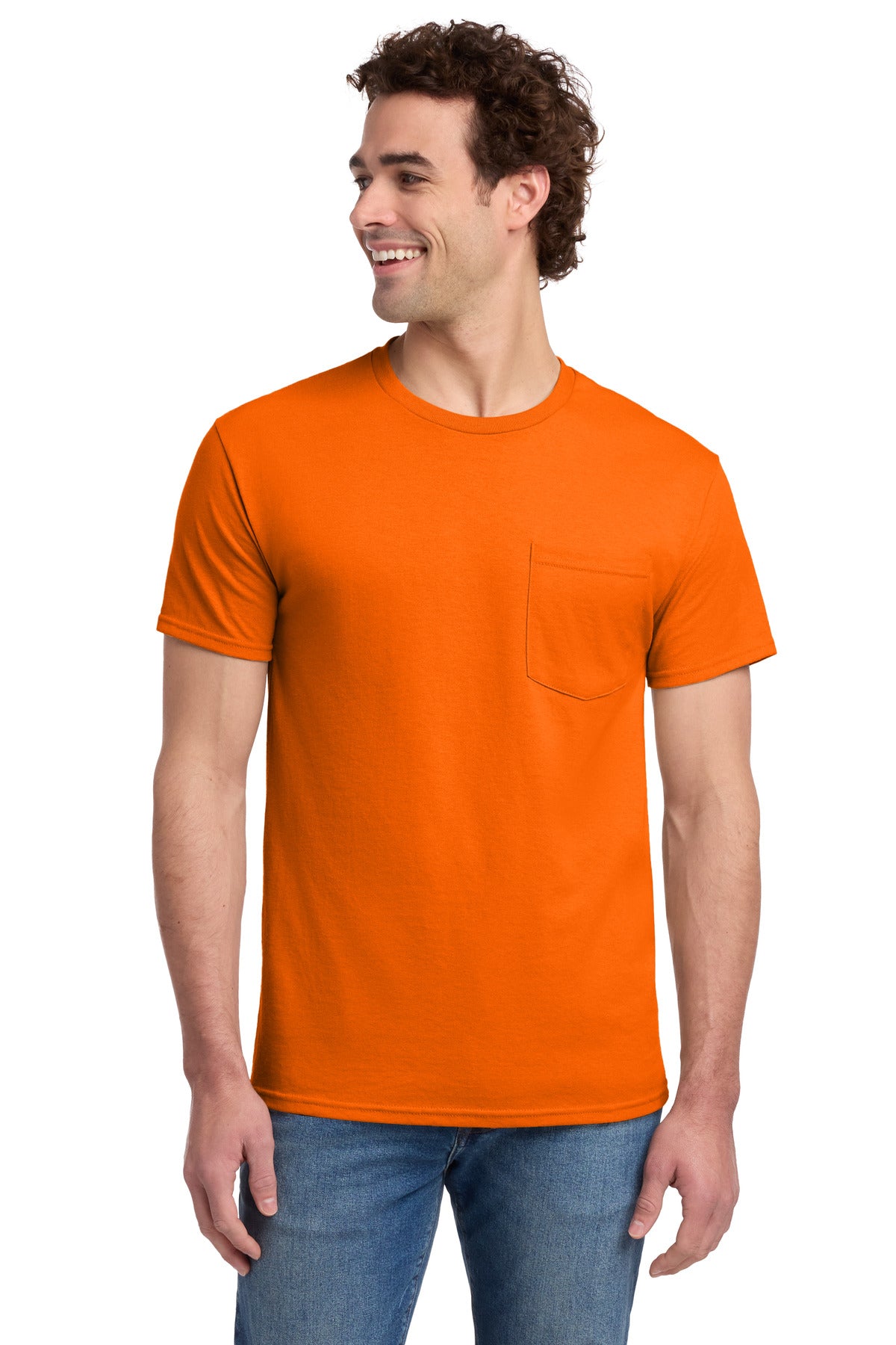 Custom Safety Orange Dri-Power 50/50 Cotton/Poly Pocket Tee 29MP, personalized by SanCanDo Swag in Argyle, TX