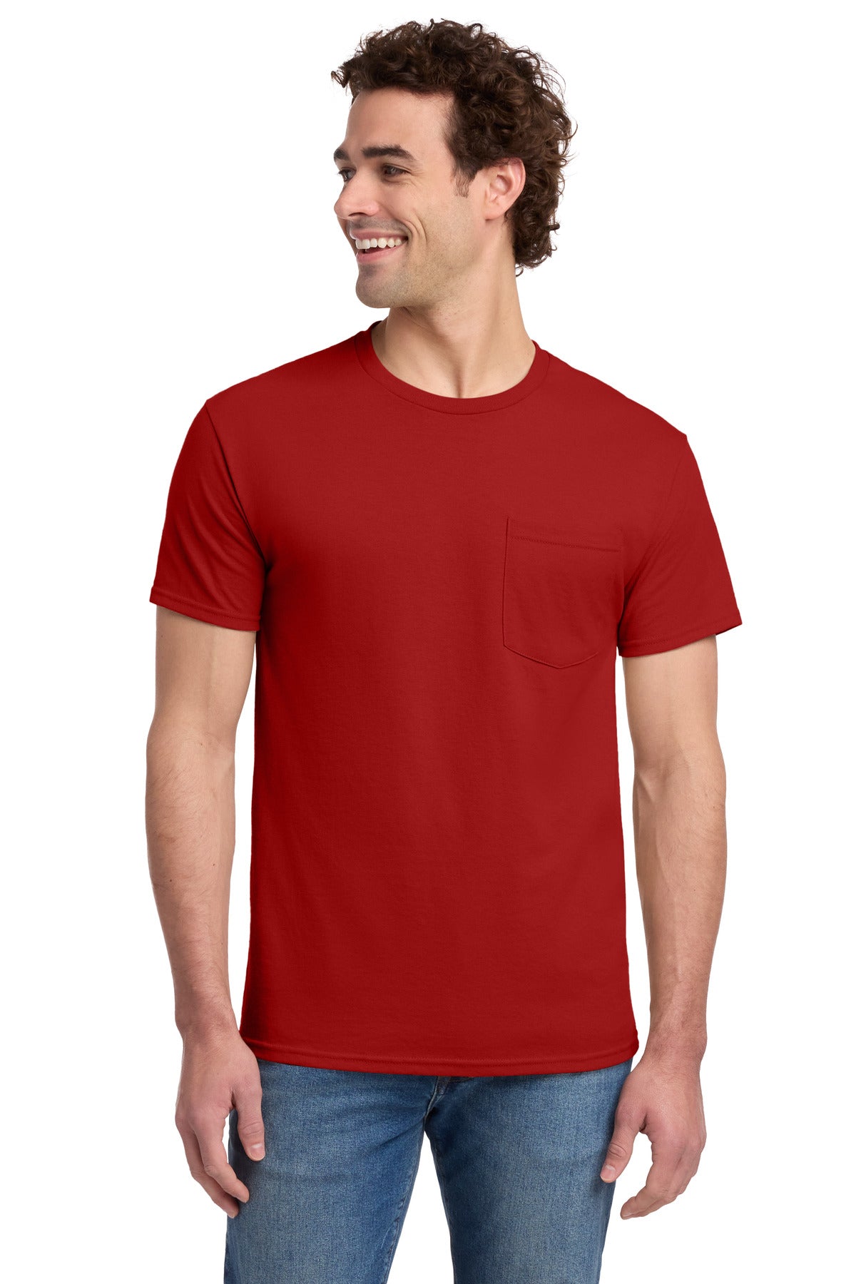 Custom True Red Dri-Power 50/50 Cotton/Poly Pocket Tee 29MP, personalized by SanCanDo Swag in Argyle, TX