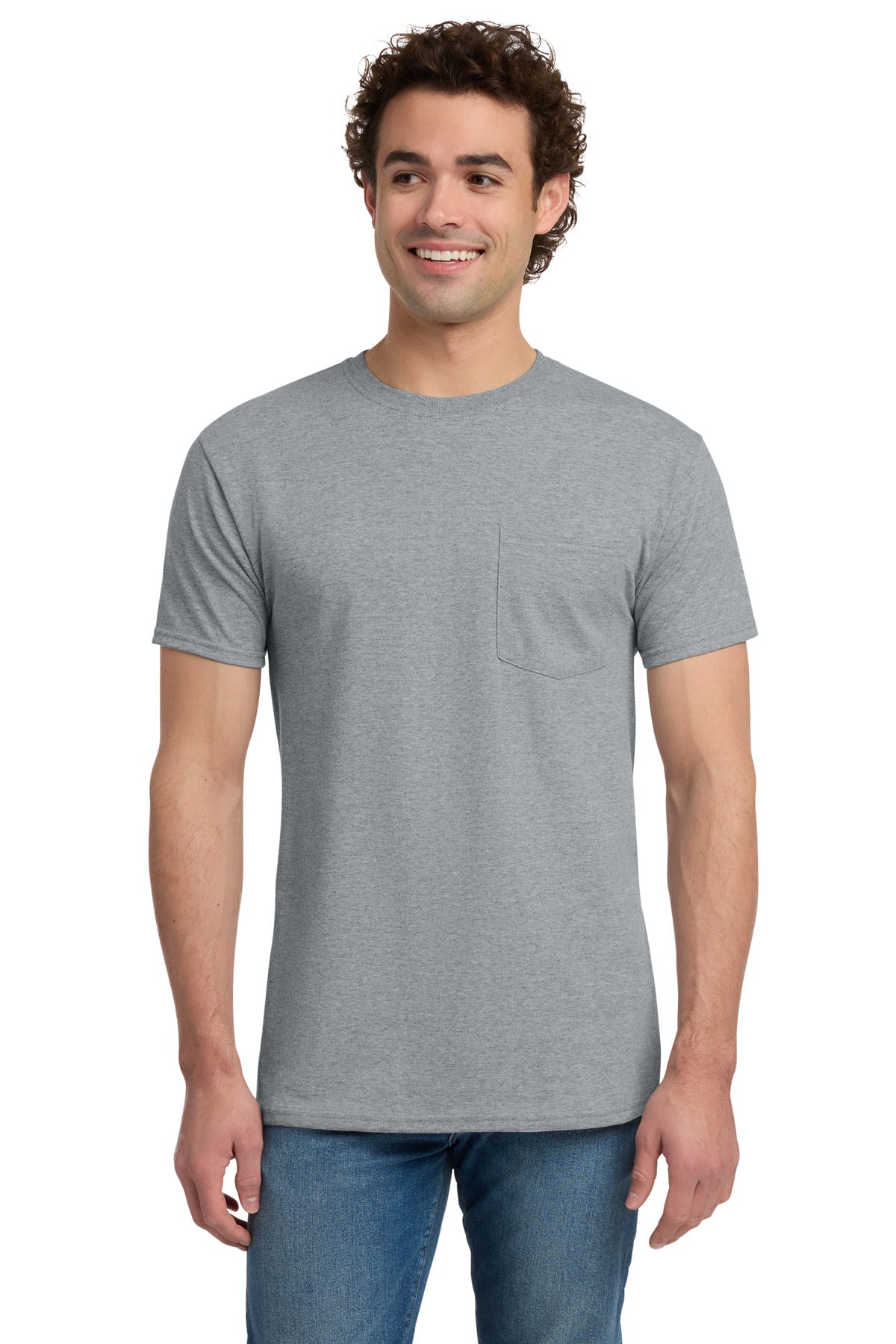 Custom Athletic Heather Dri-Power 50/50 Cotton/Poly Pocket Tee 29MP, personalized by SanCanDo Swag in Argyle, TX
