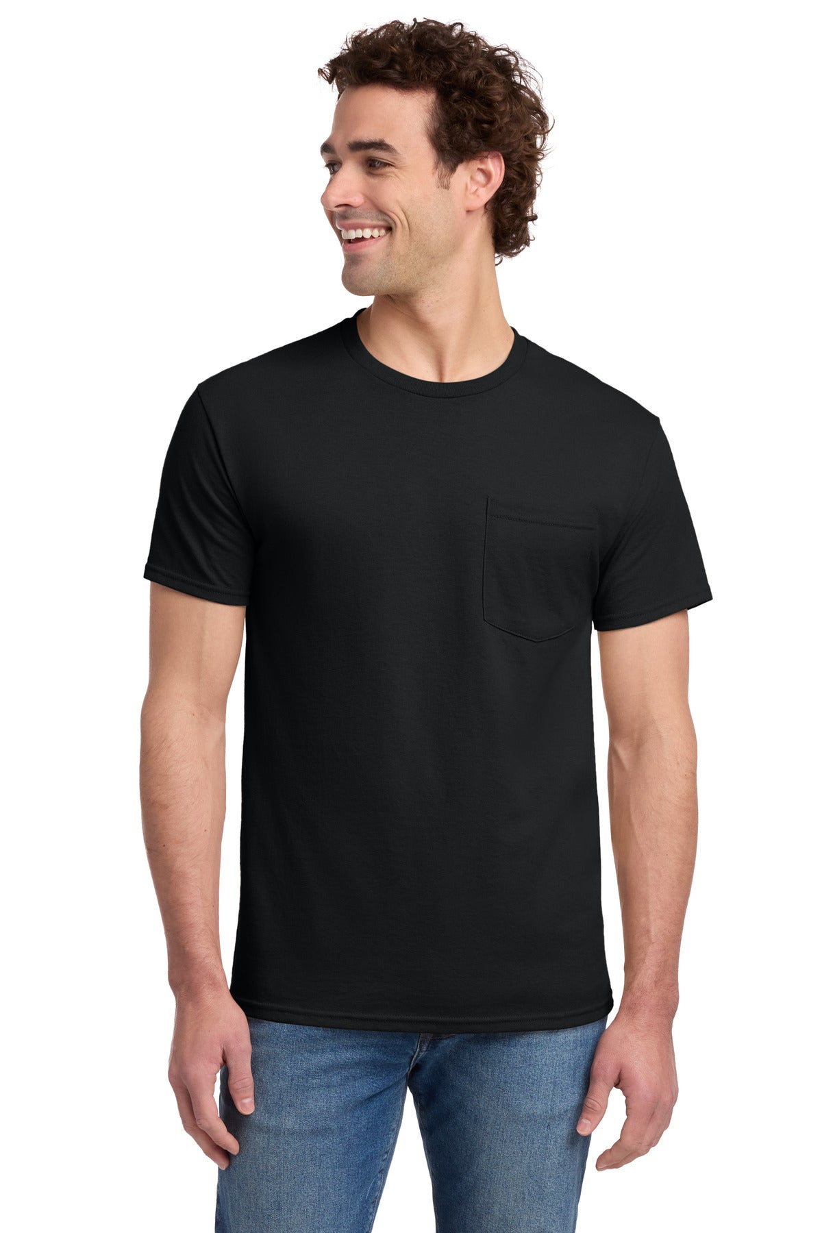 Custom Black Dri-Power 50/50 Cotton/Poly Pocket Tee 29MP, personalized by SanCanDo Swag in Argyle, TX