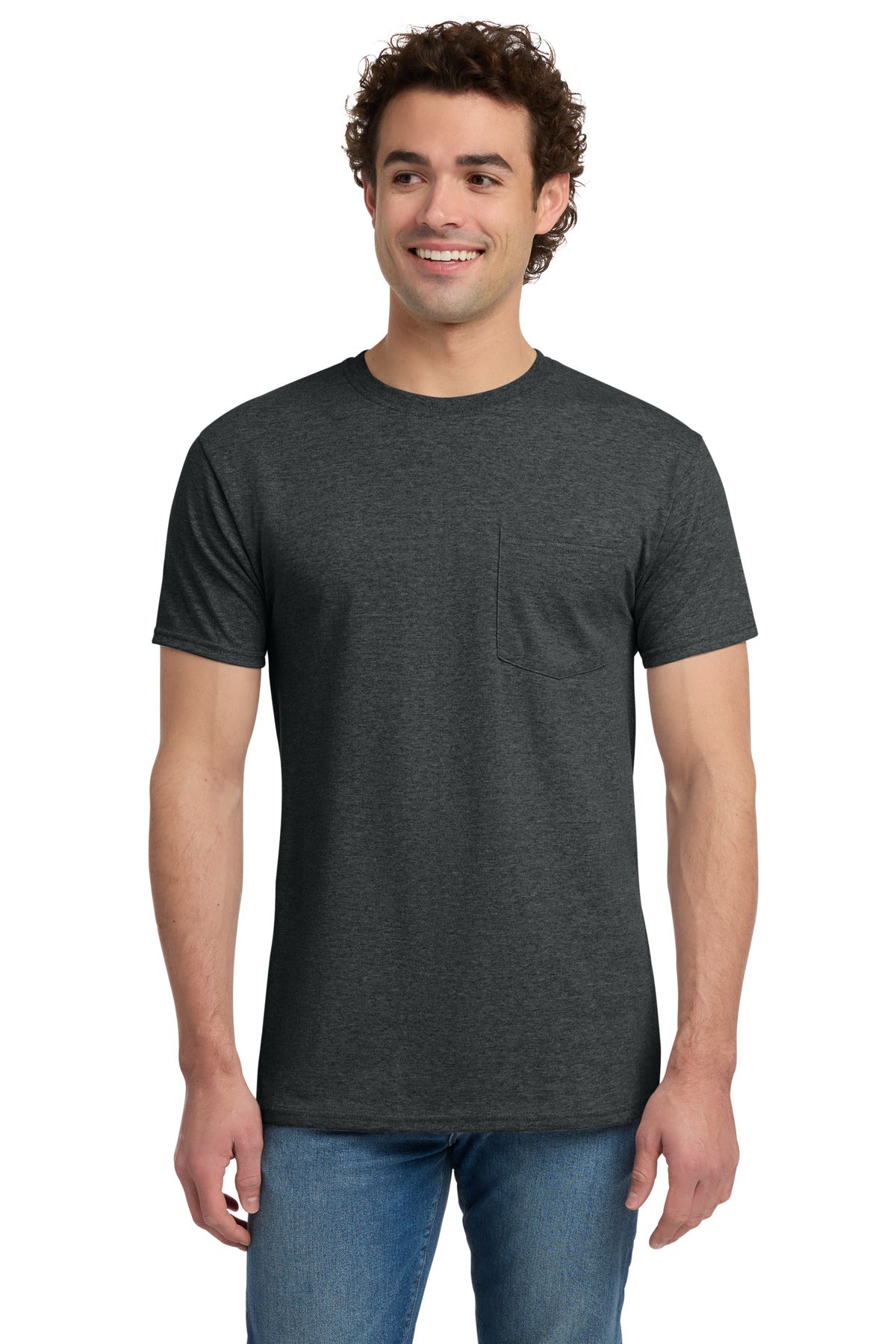 Custom Black Heather Dri-Power 50/50 Cotton/Poly Pocket Tee 29MP, personalized by SanCanDo Swag in Argyle, TX