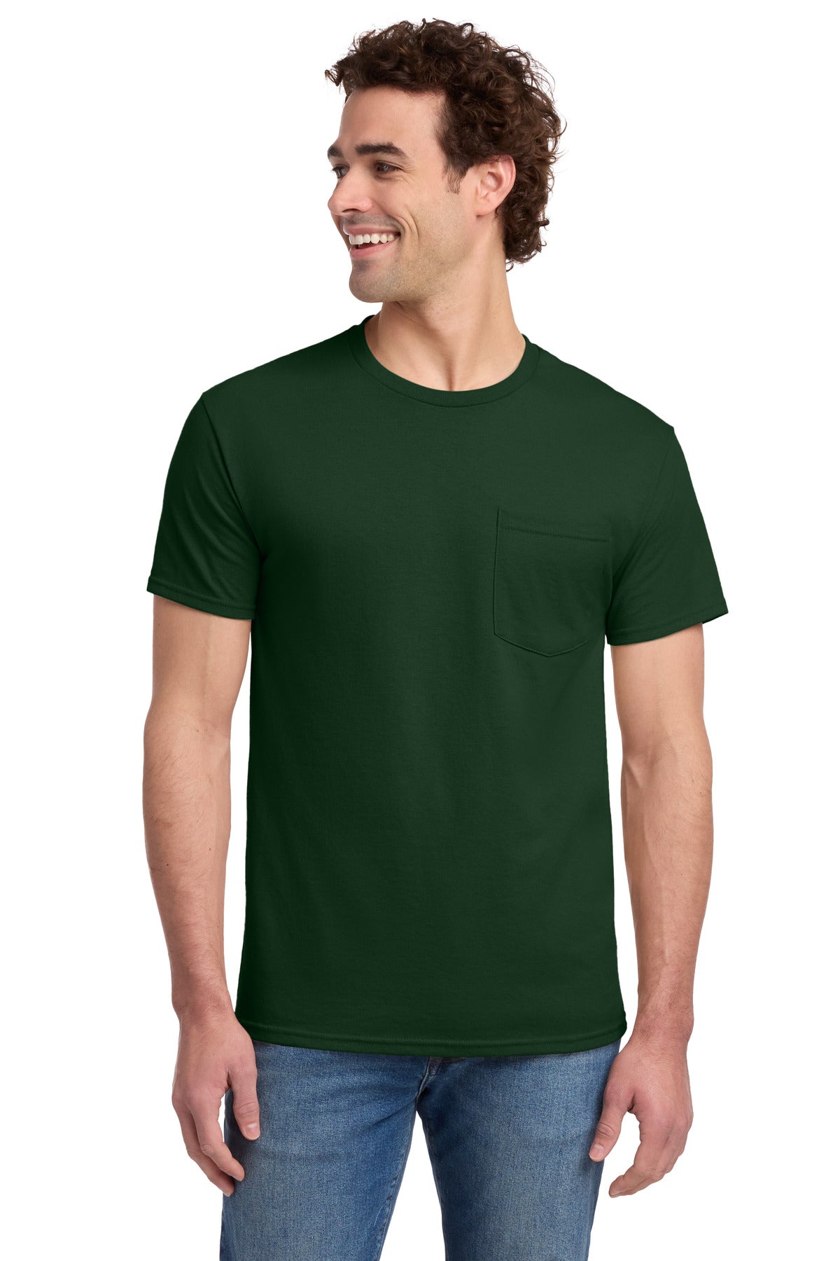 Custom Forest Green Dri-Power 50/50 Cotton/Poly Pocket Tee 29MP, personalized by SanCanDo Swag in Argyle, TX