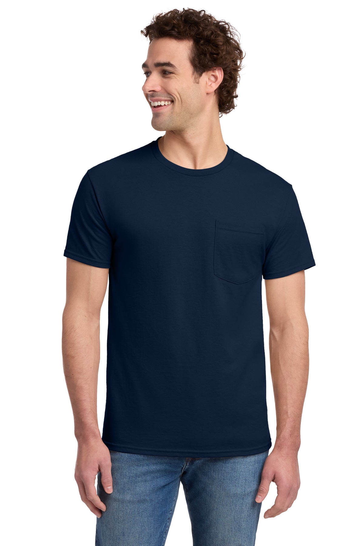 Custom J. Navy Dri-Power 50/50 Cotton/Poly Pocket Tee 29MP, personalized by SanCanDo Swag in Argyle, TX
