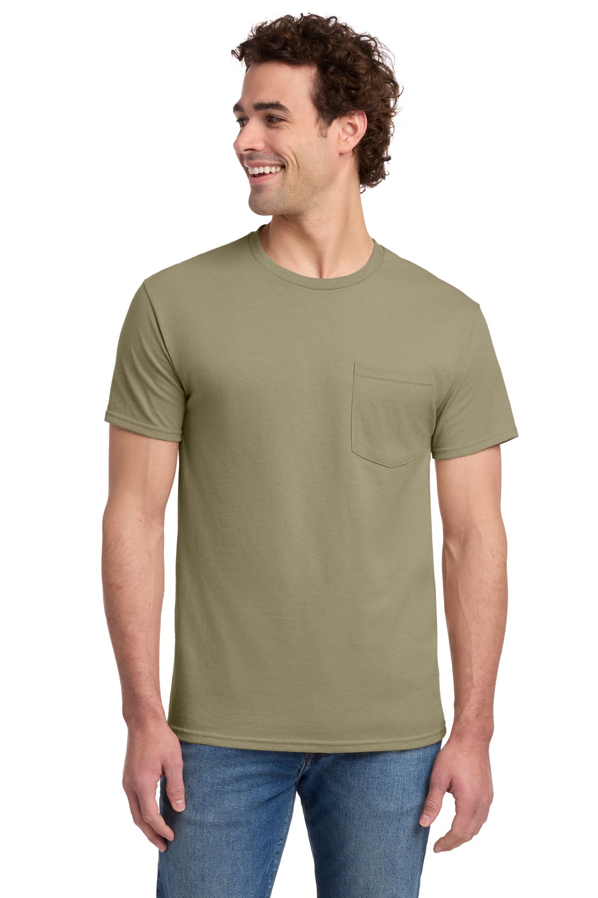 Custom Khaki Dri-Power 50/50 Cotton/Poly Pocket Tee 29MP, personalized by SanCanDo Swag in Argyle, TX