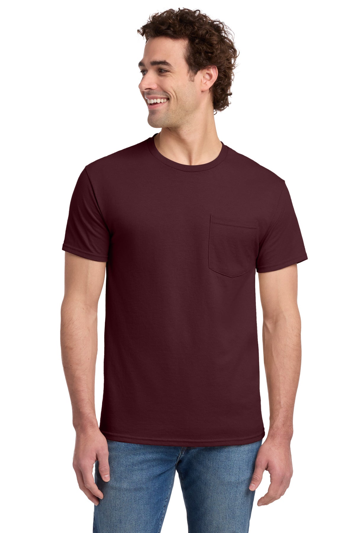 Custom Maroon Dri-Power 50/50 Cotton/Poly Pocket Tee 29MP, personalized by SanCanDo Swag in Argyle, TX