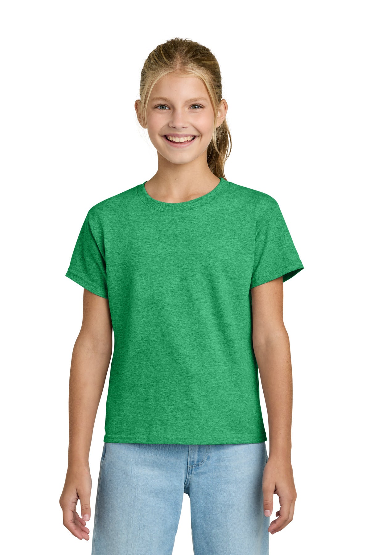 Custom Heather Irish Green Youth Light Cotton Tee 3000B, personalized by SanCanDo Swag in Argyle, TX
