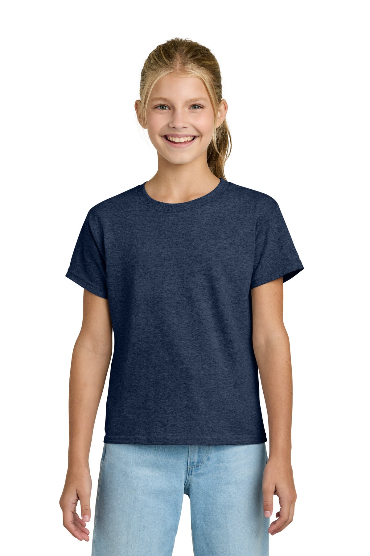 Custom Heather Navy Youth Light Cotton Tee 3000B, personalized by SanCanDo Swag in Argyle, TX