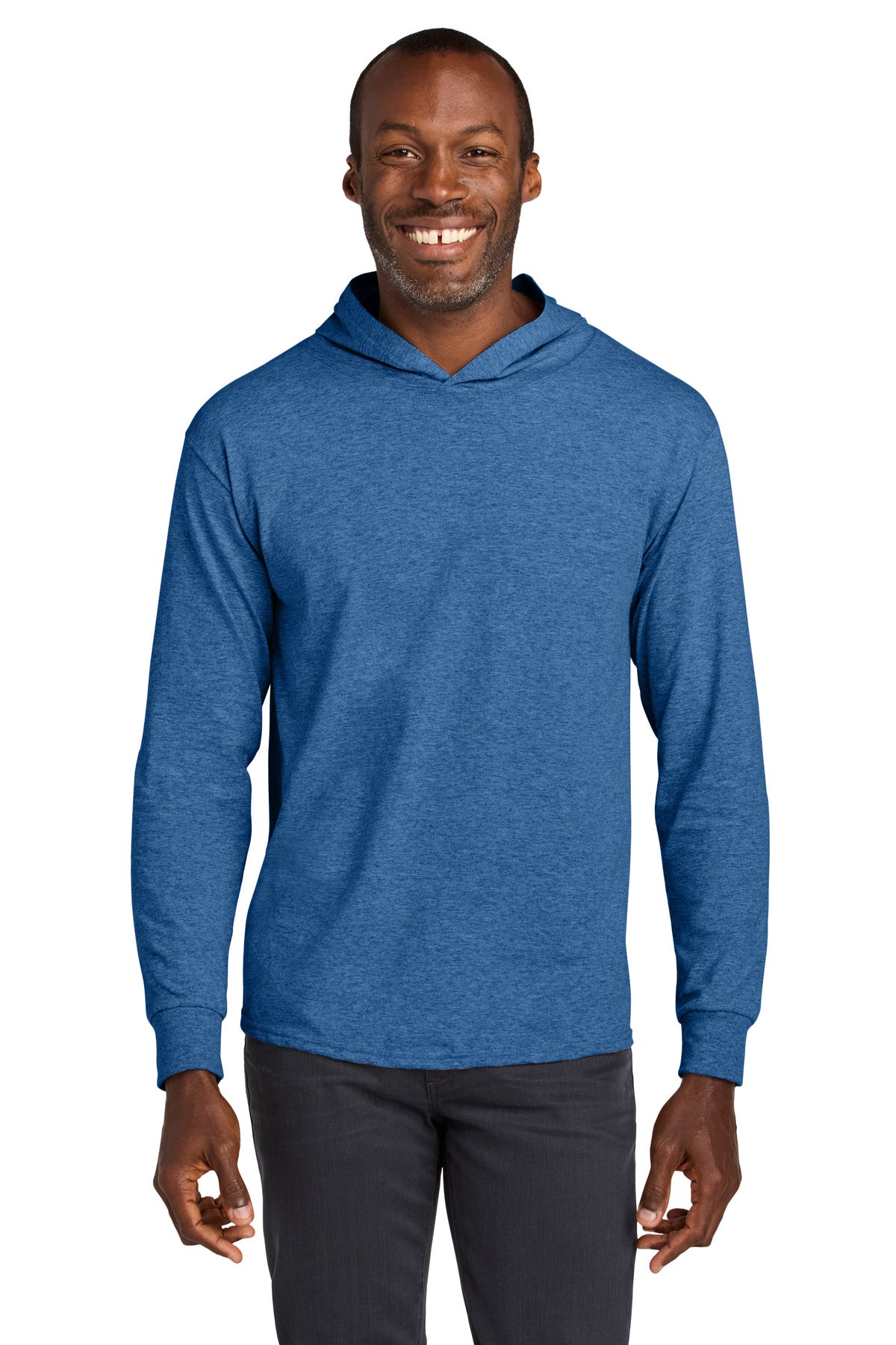 Custom Retro Heather Royal Classics Cotton Long Sleeve Hooded Tee 363LH, personalized by SanCanDo Swag in Argyle, TX
