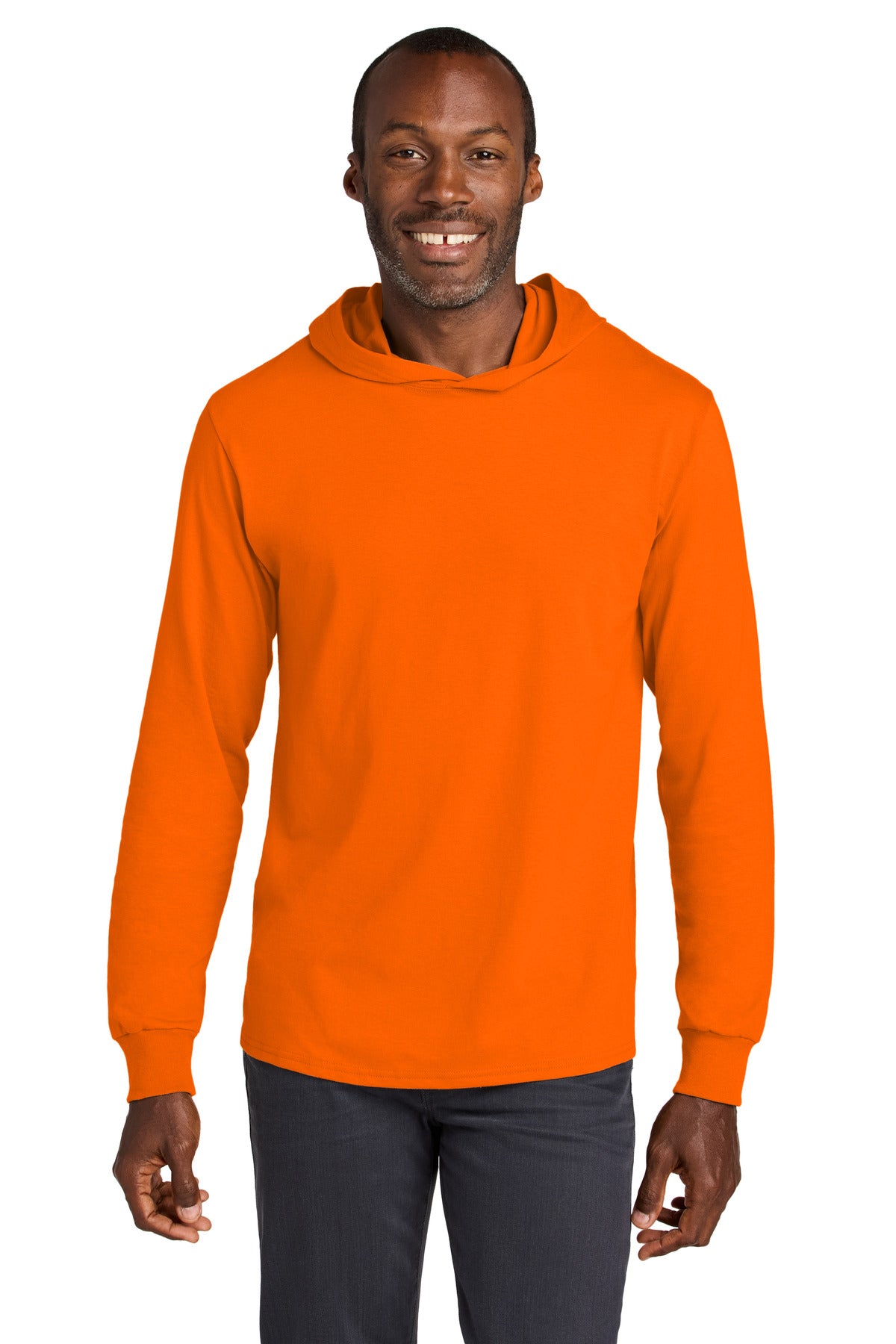 Custom Safety Orange Classics Cotton Long Sleeve Hooded Tee 363LH, personalized by SanCanDo Swag in Argyle, TX