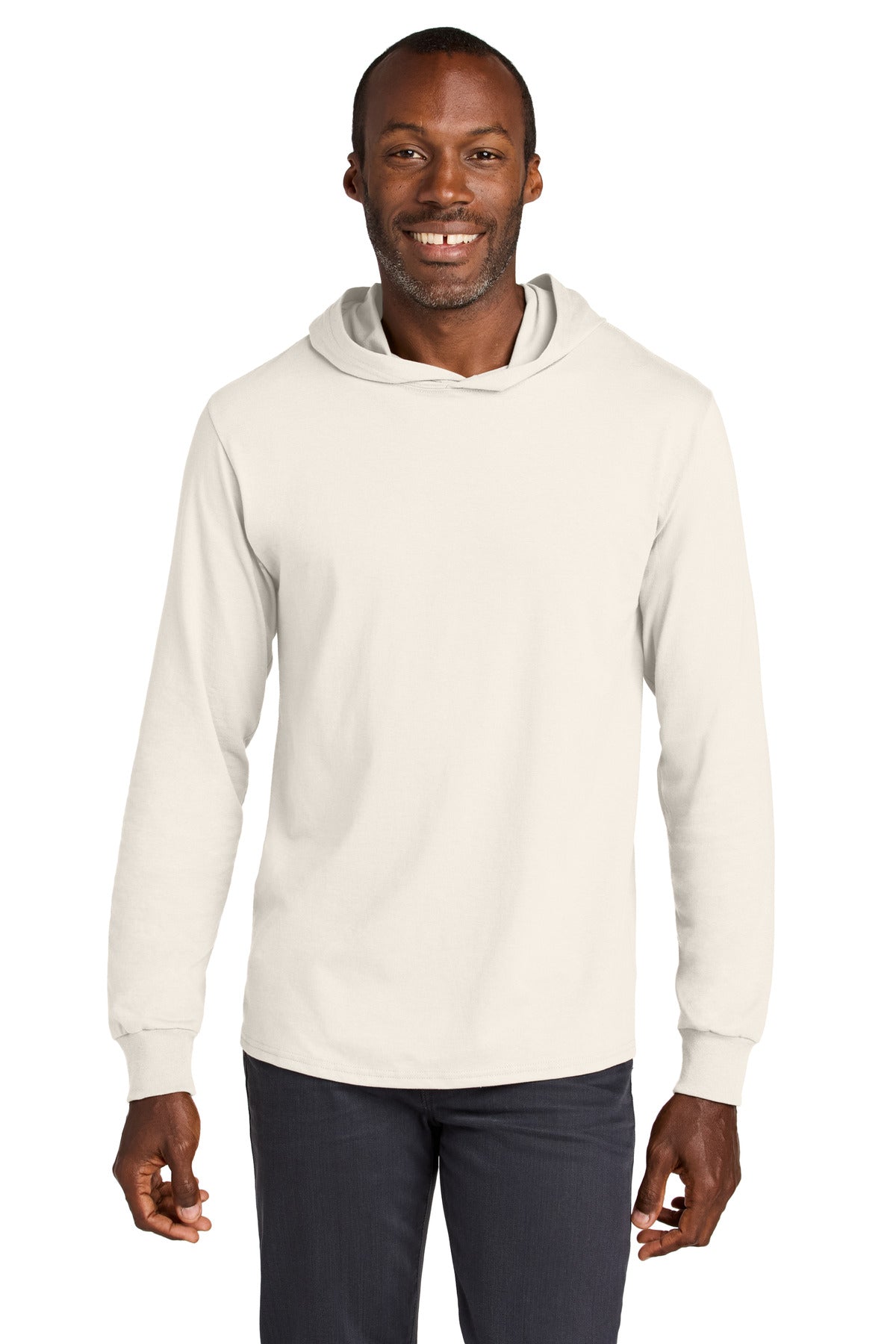 Custom Sweet Cream Heather Classics Cotton Long Sleeve Hooded Tee 363LH, personalized by SanCanDo Swag in Argyle, TX