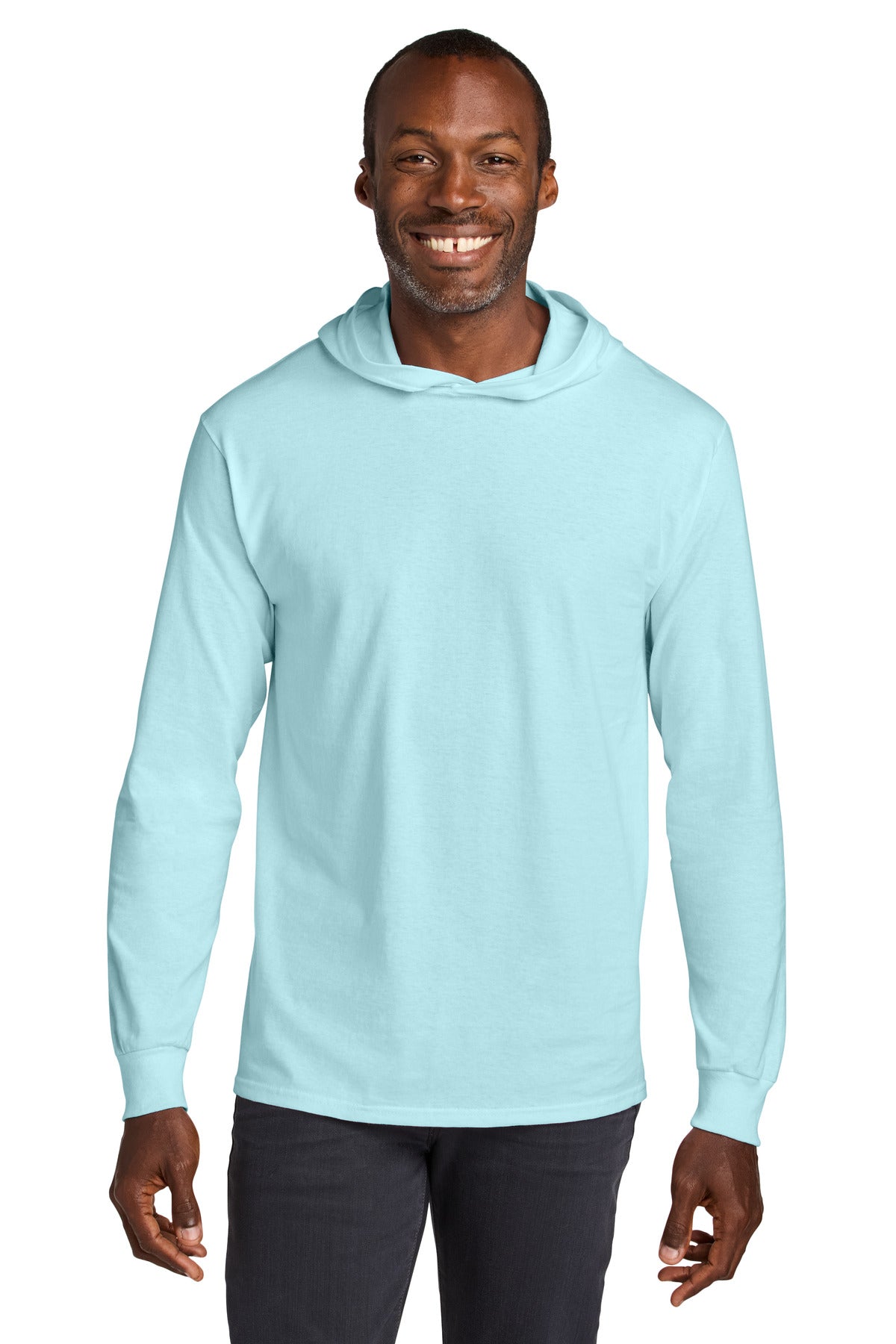 Custom Breezy Blue Classics Cotton Long Sleeve Hooded Tee 363LH, personalized by SanCanDo Swag in Argyle, TX