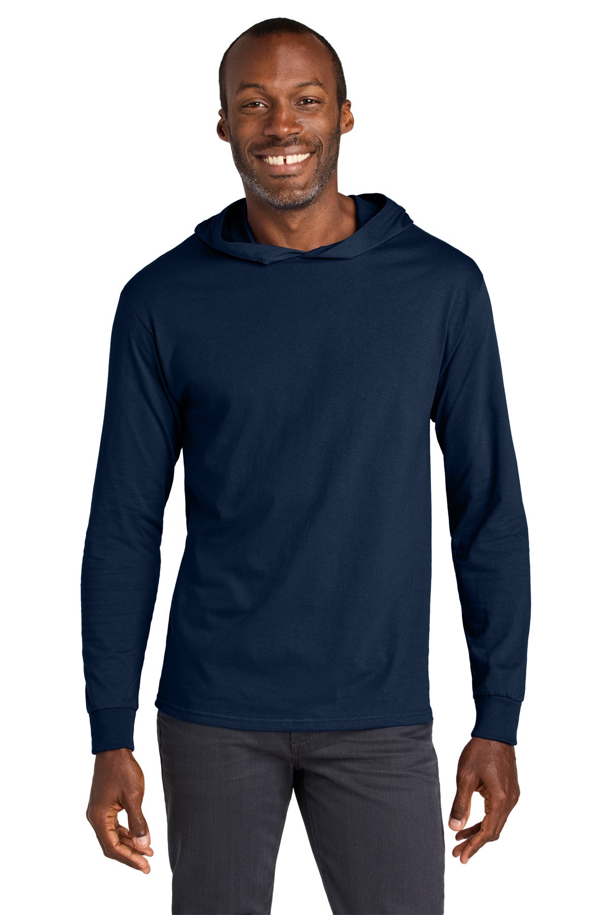 Custom J. Navy Classics Cotton Long Sleeve Hooded Tee 363LH, personalized by SanCanDo Swag in Argyle, TX