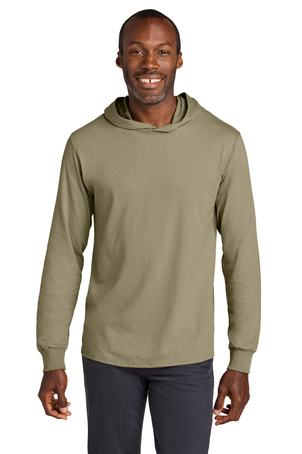 Custom Khaki Classics Cotton Long Sleeve Hooded Tee 363LH, personalized by SanCanDo Swag in Argyle, TX