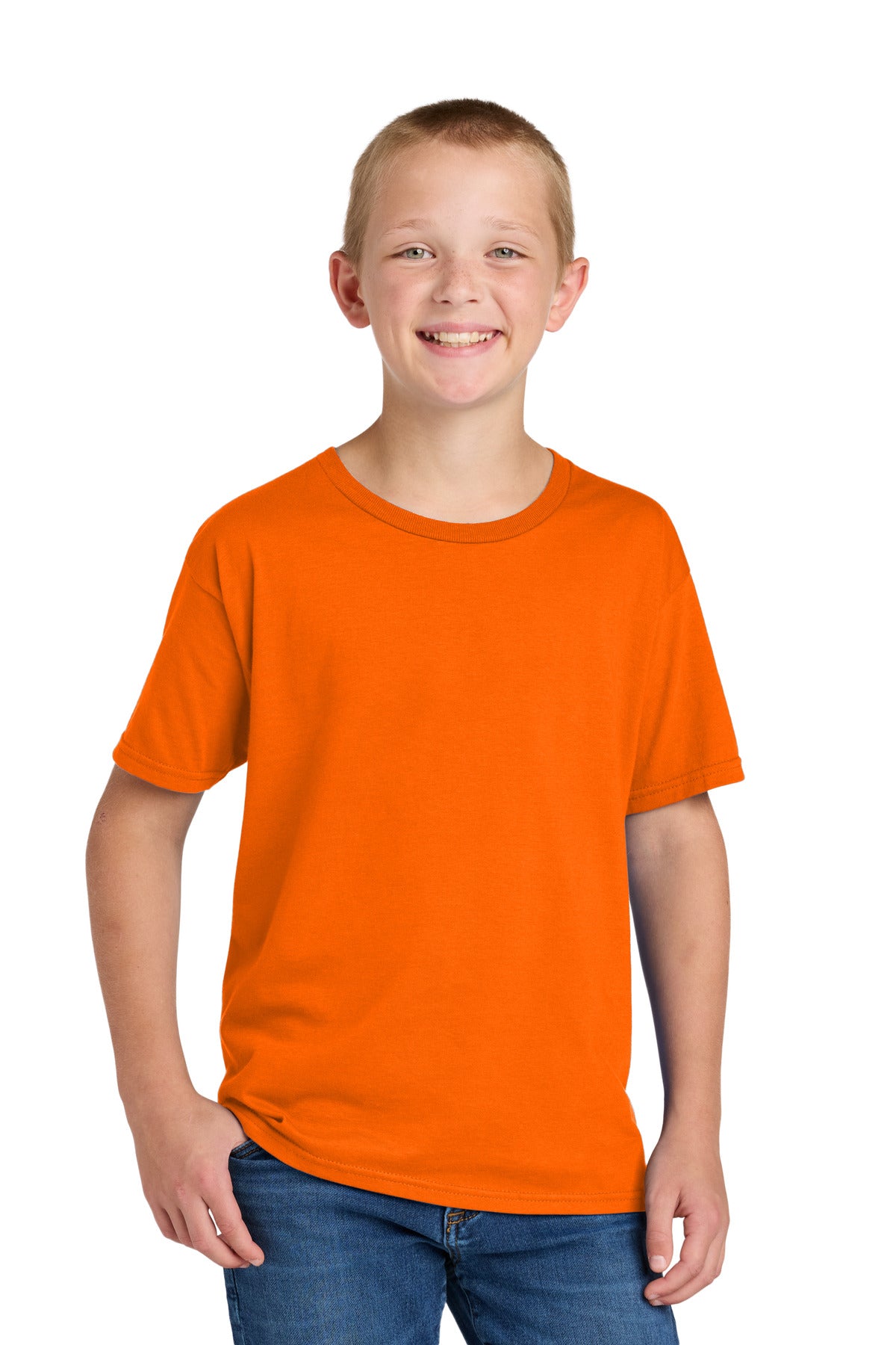 Custom Safety Orange Classics Youth Cotton Tee 363Y, personalized by SanCanDo Swag in Argyle, TX