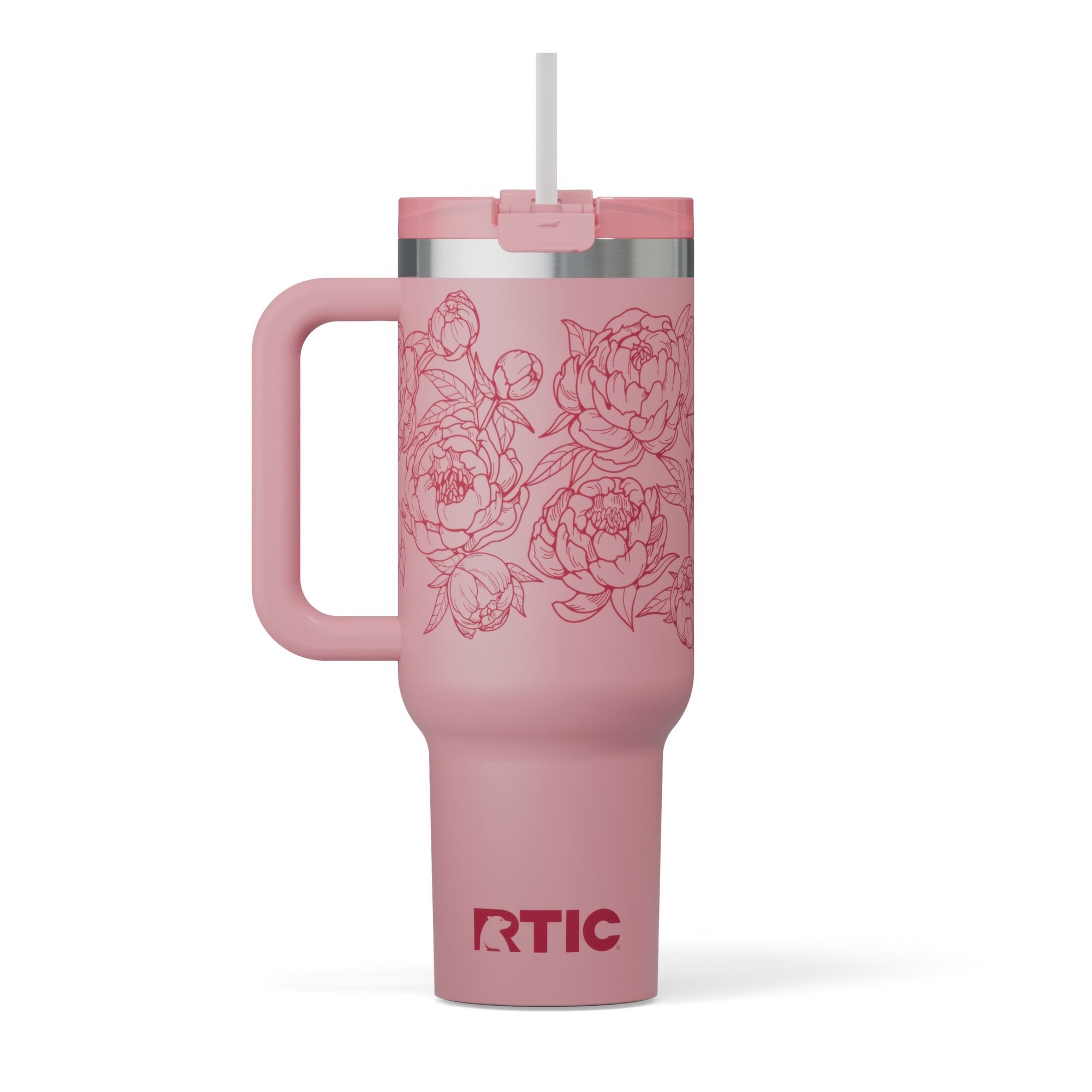 Custom Pink Peonies RTIC 40 oz Road Trip Tumbler, personalized by SanCanDo Swag in Argyle, TX
