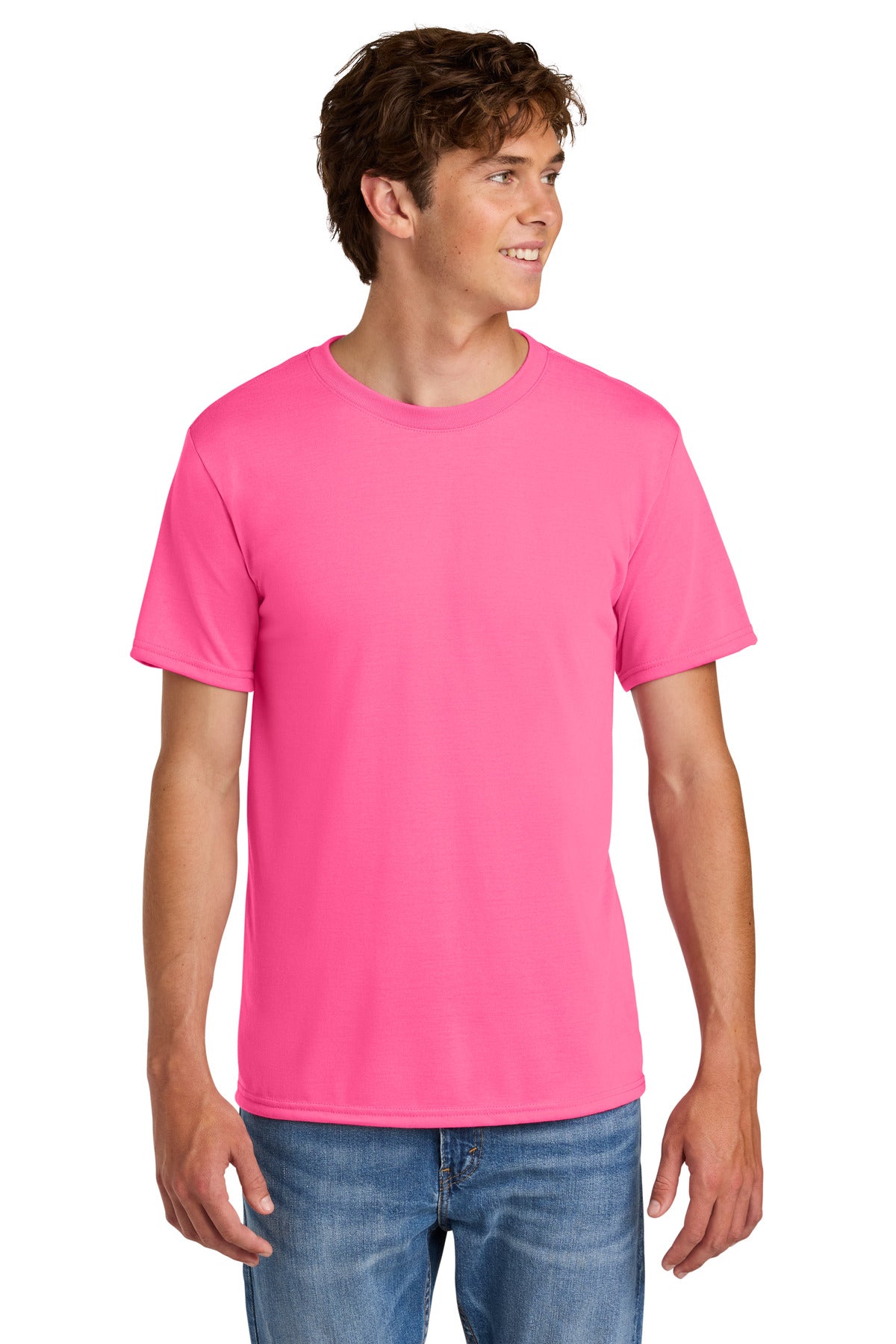 Custom Safety Pink Gildan Performance Tee 42000, personalized by SanCanDo Swag in Argyle, TX